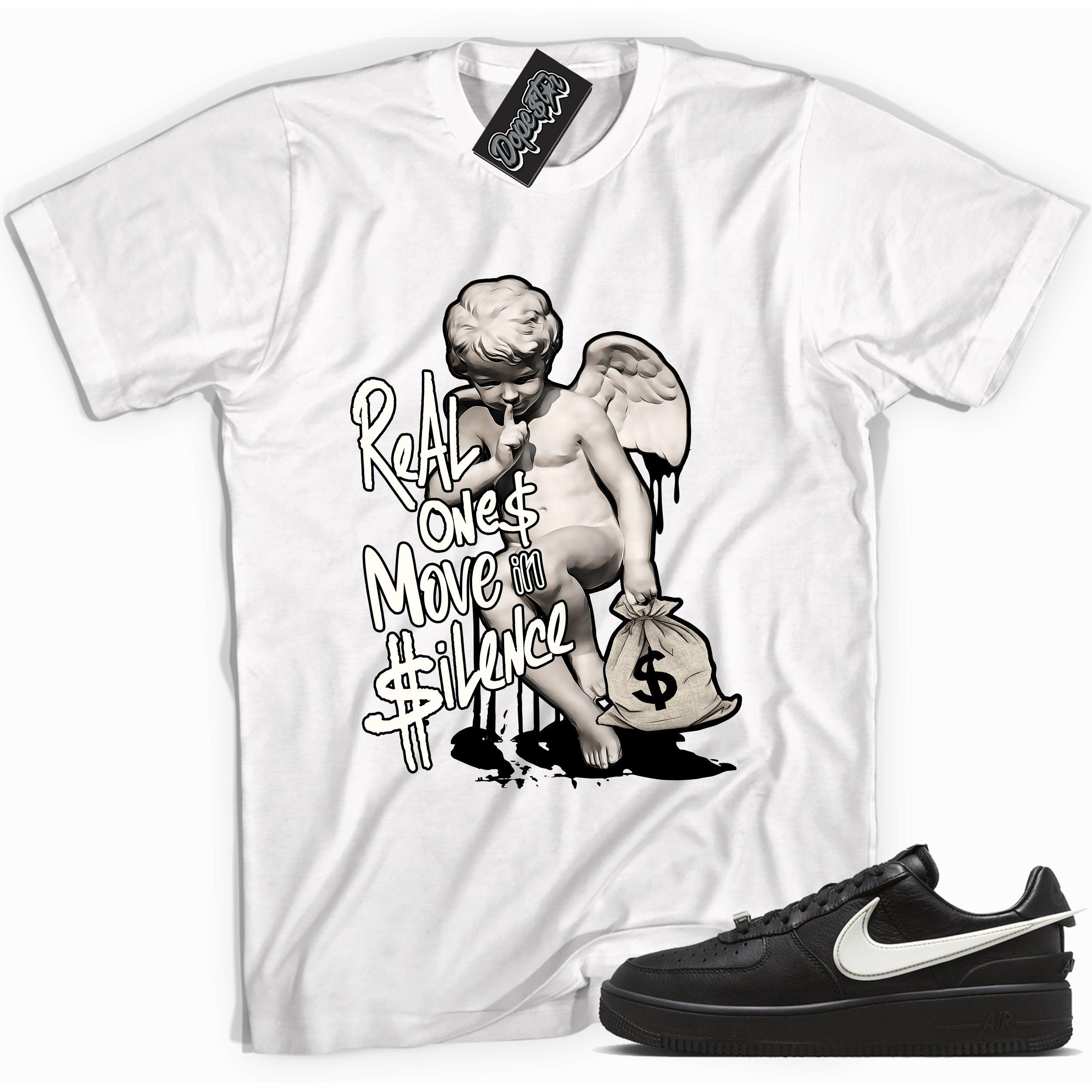 Cool white graphic tee with 'real ones move in silence' print, that perfectly matches Nike Air Force 1 Low SP Ambush Phantom sneakers.