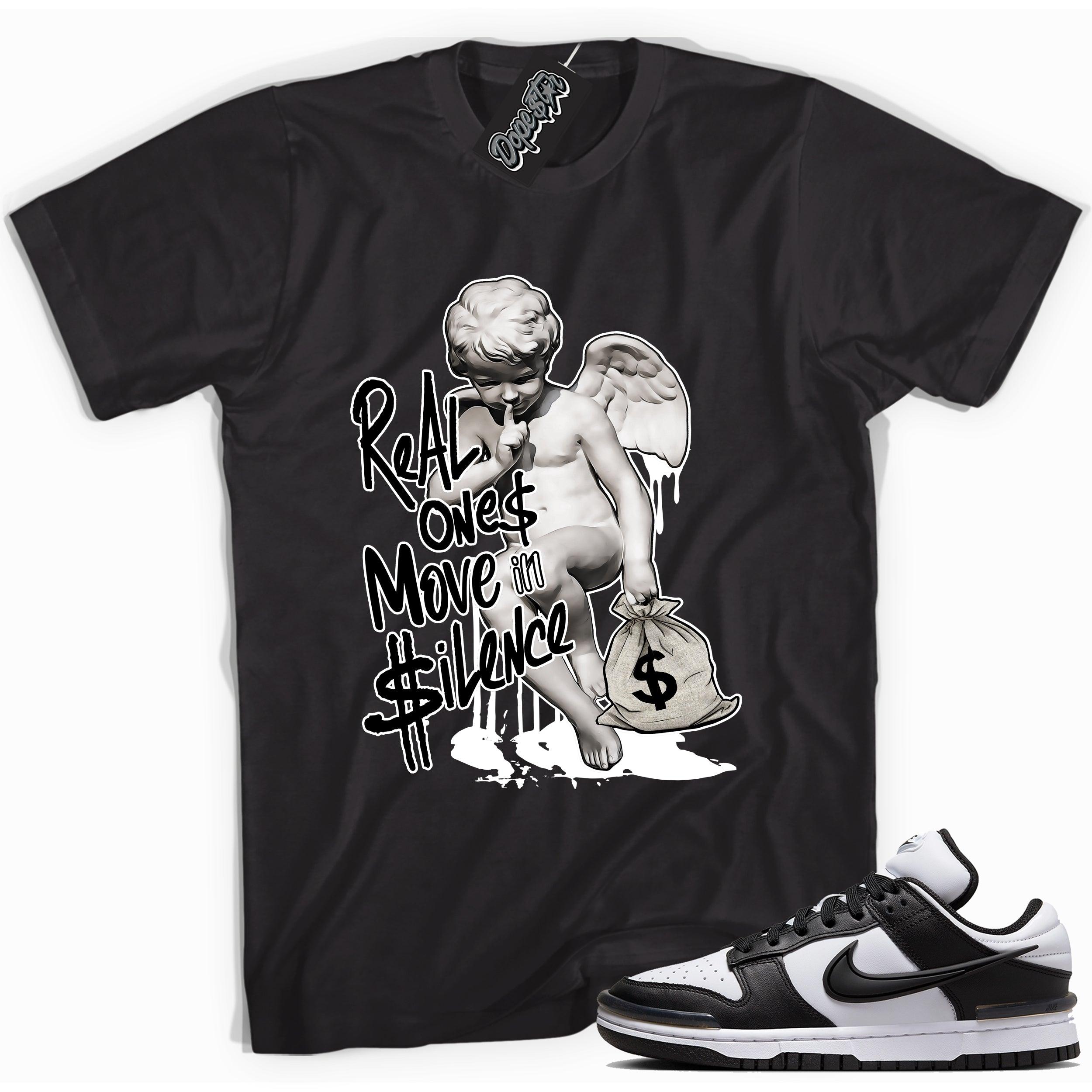 Cool black graphic tee with 'real ones move in silence' print, that perfectly matches Nike Dunk Low Twist Panda sneakers.