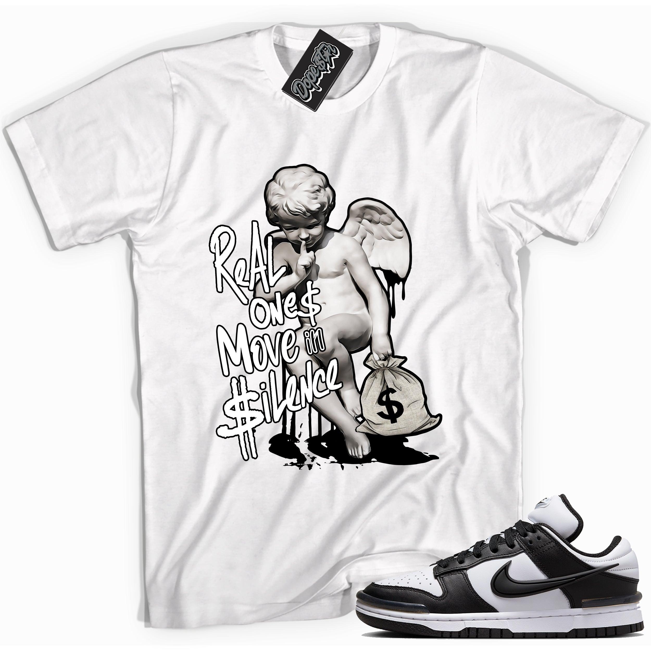 Cool white graphic tee with 'real ones move in silence' print, that perfectly matches Nike Dunk Low Twist Panda sneakers.
