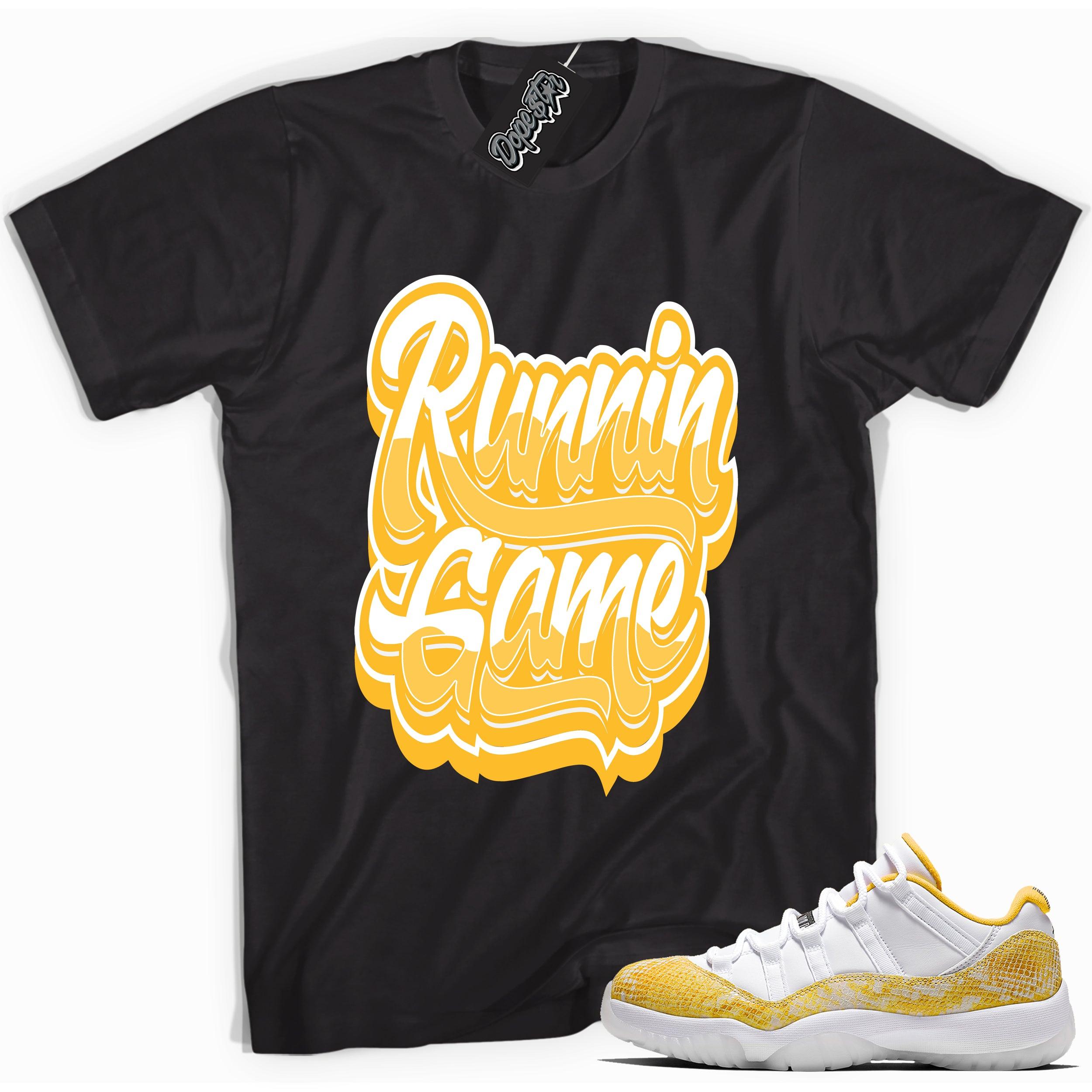 Cool black graphic tee with 'running game' print, that perfectly matches  Air Jordan 11 Retro Low Yellow Snakeskin sneakers