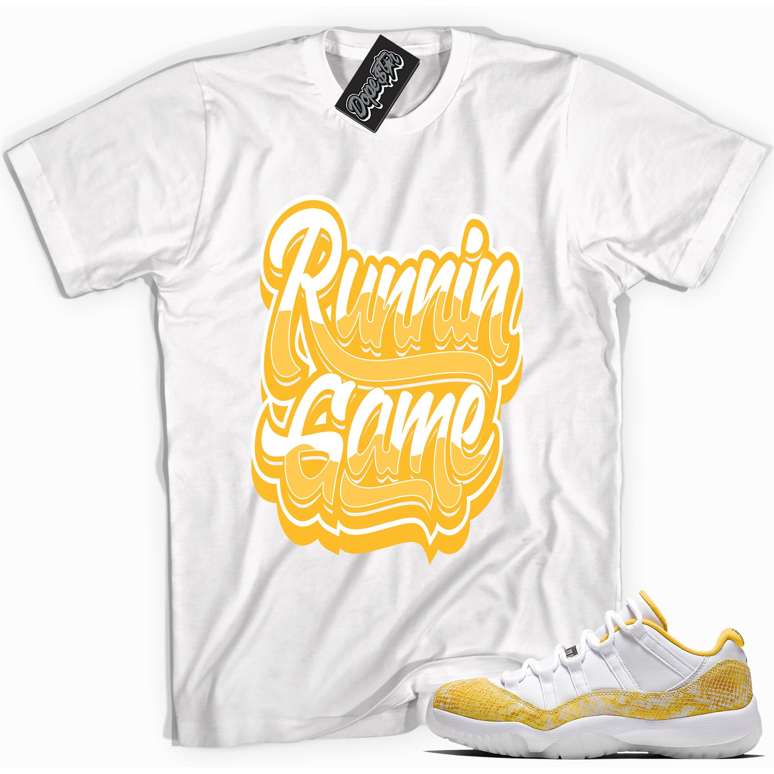 Cool white graphic tee with 'running game' print, that perfectly matches Air Jordan 11 Retro Low Yellow Snakeskin sneakers