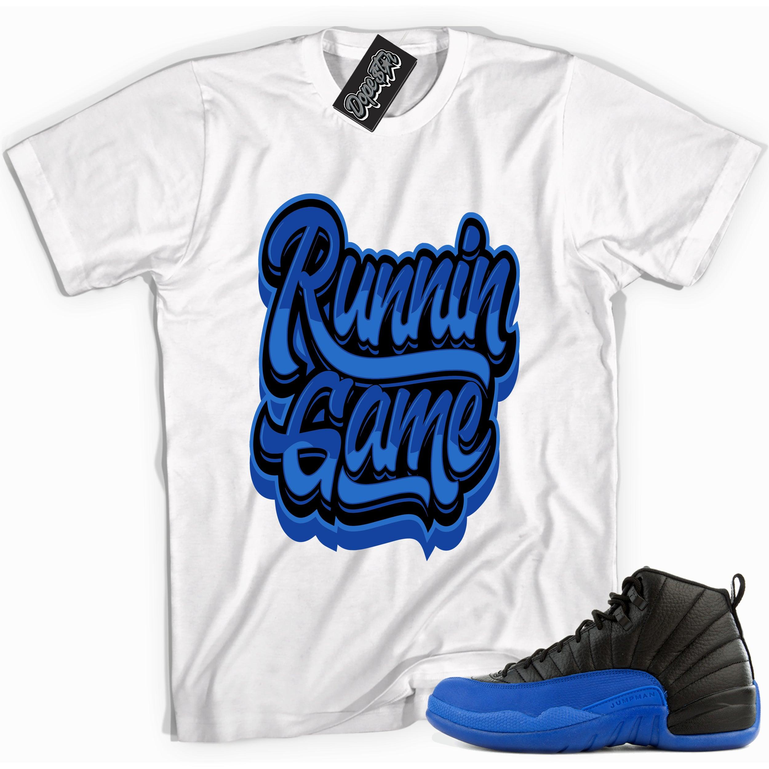 Cool white graphic tee with 'running game' print, that perfectly matches Air Jordan 12 Retro Black Game Royal sneakers.