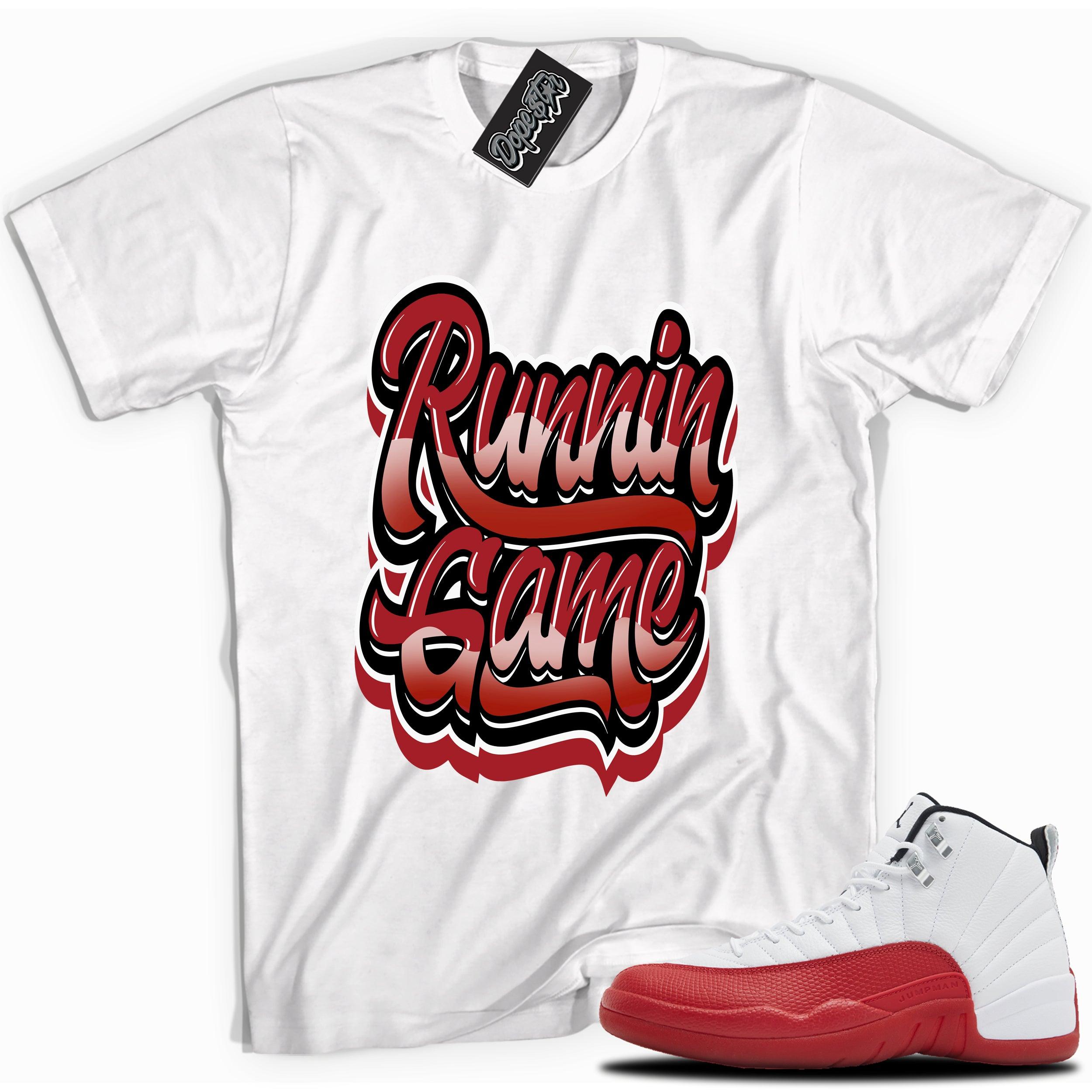 Cool White graphic tee with “RUNNING GAME” print, that perfectly matches Air Jordan 12 Retro Cherry Red 2023 red and white sneakers 