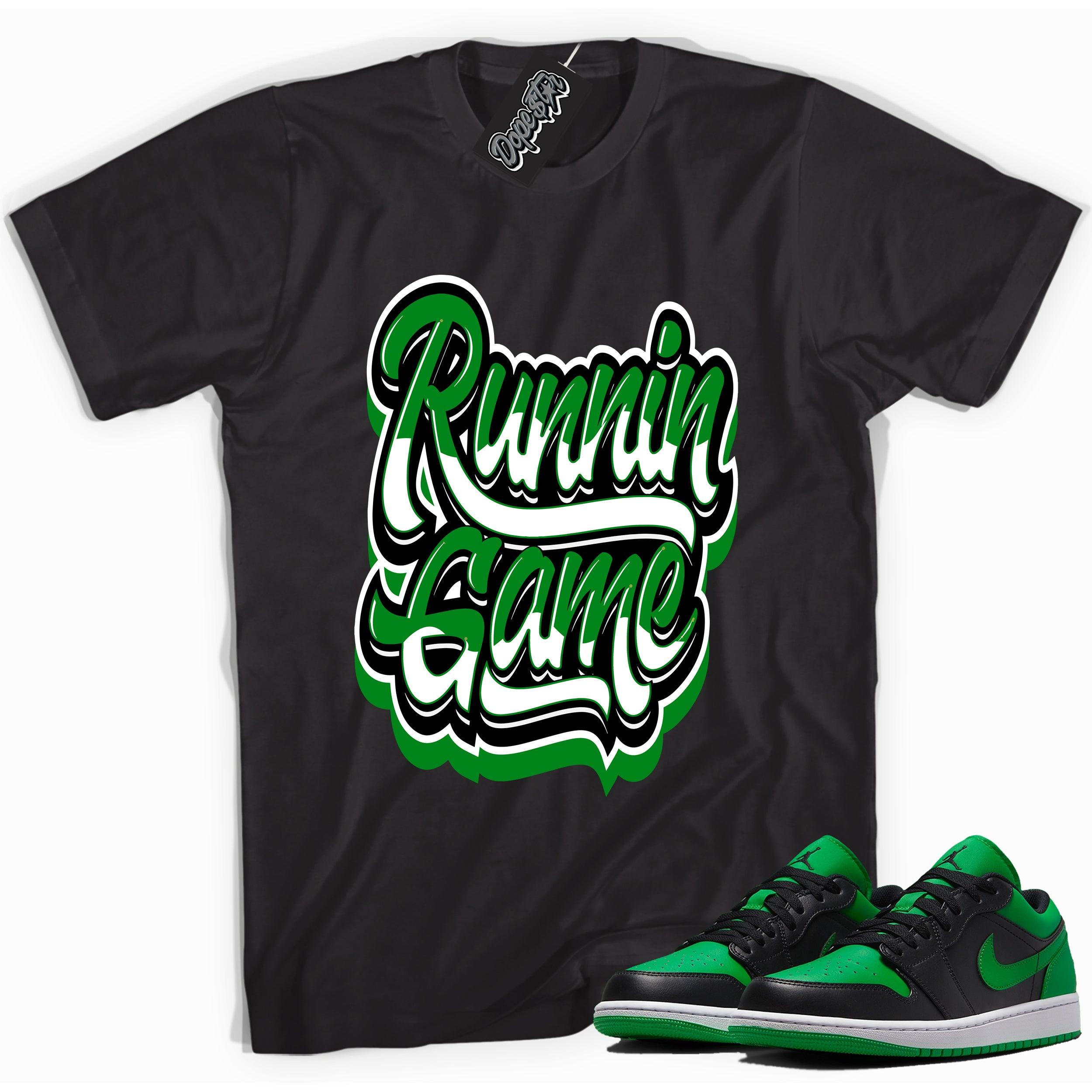 Cool black graphic tee with 'runnin game' print, that perfectly matches Air Jordan 1 Low Lucky Green sneakers