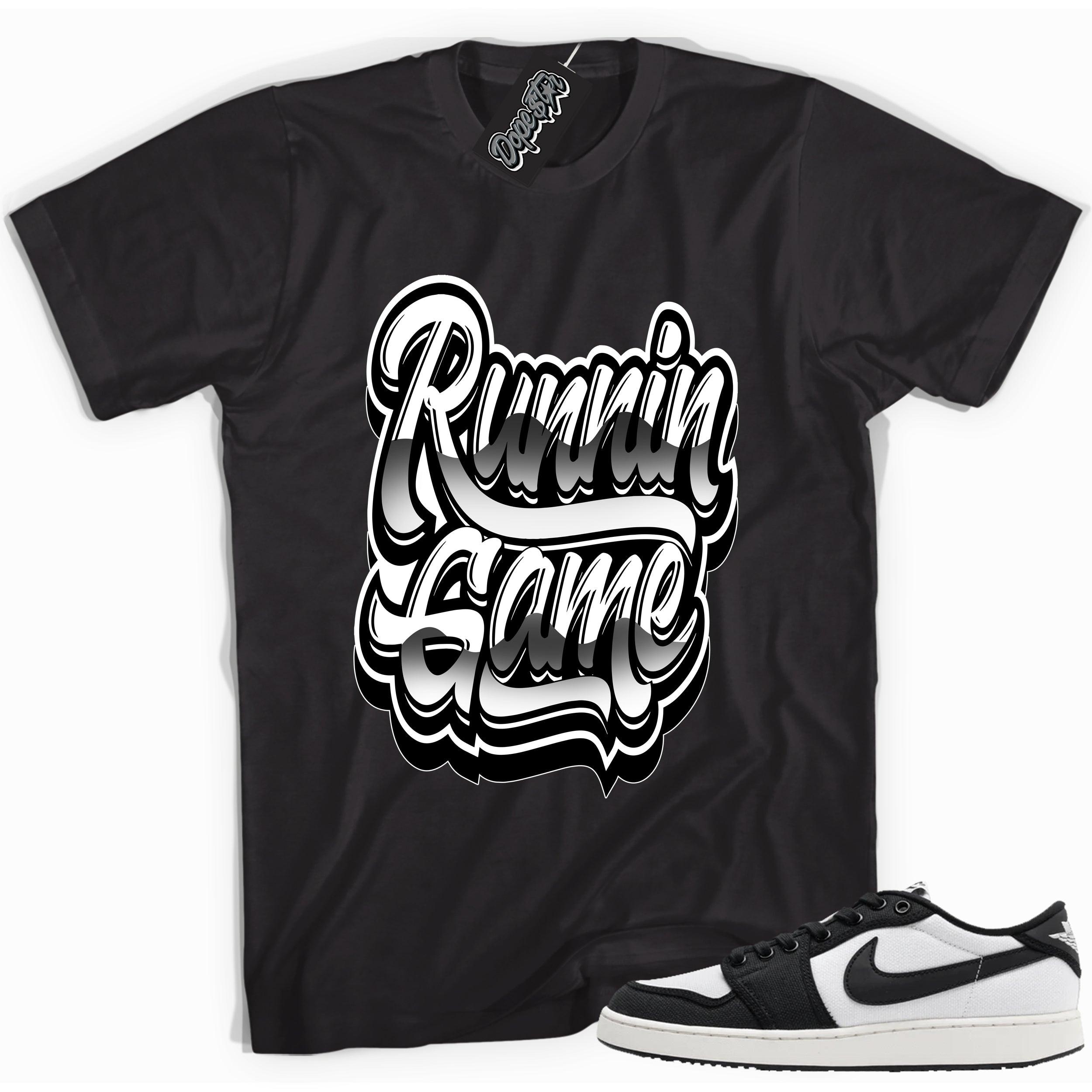 Cool black graphic tee with 'running game' print, that perfectly matches Air Jordan 1 Retro Ajko Low Black & White sneakers.