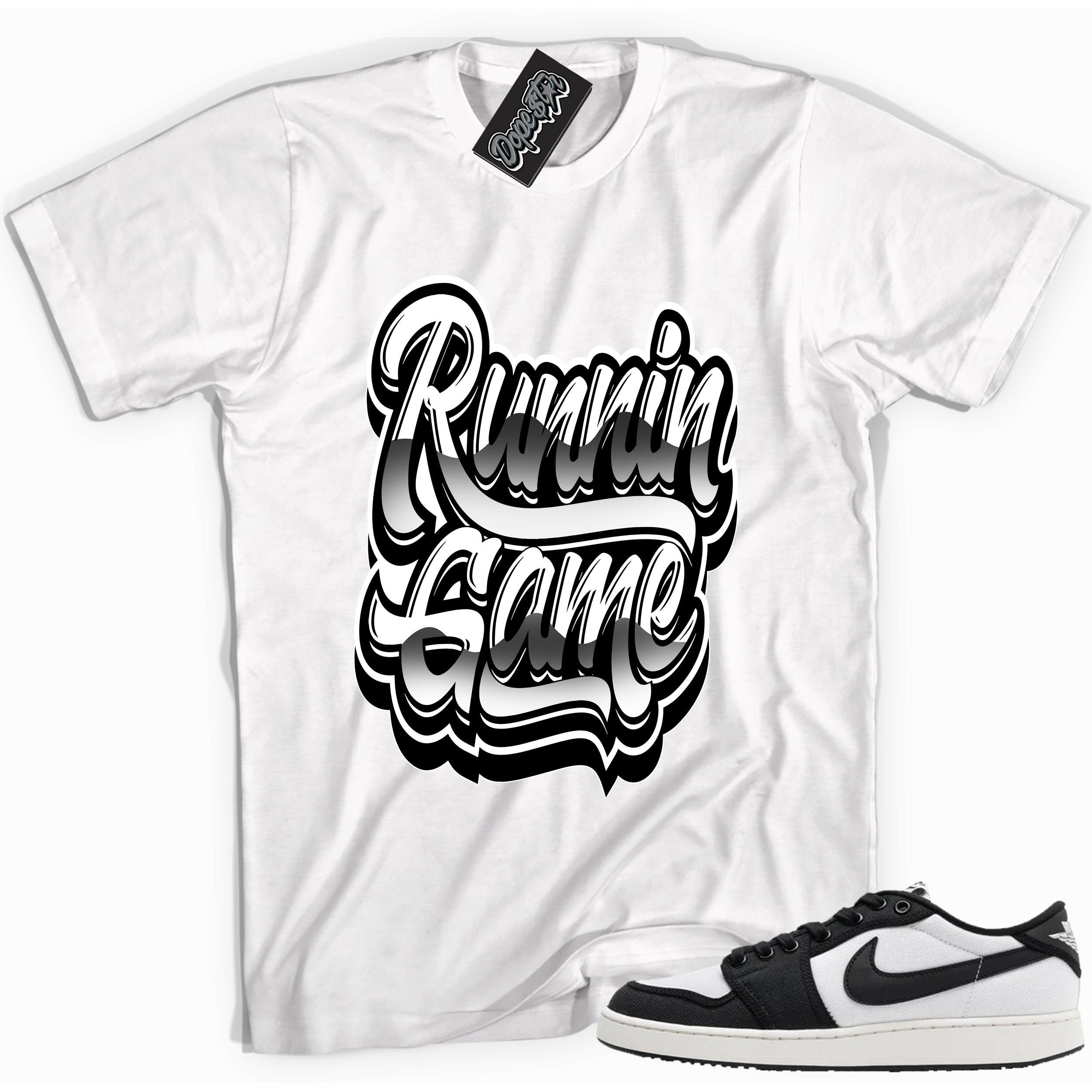 Cool white graphic tee with 'running game' print, that perfectly matches Air Jordan 1 Retro Ajko Low Black & White sneakers.