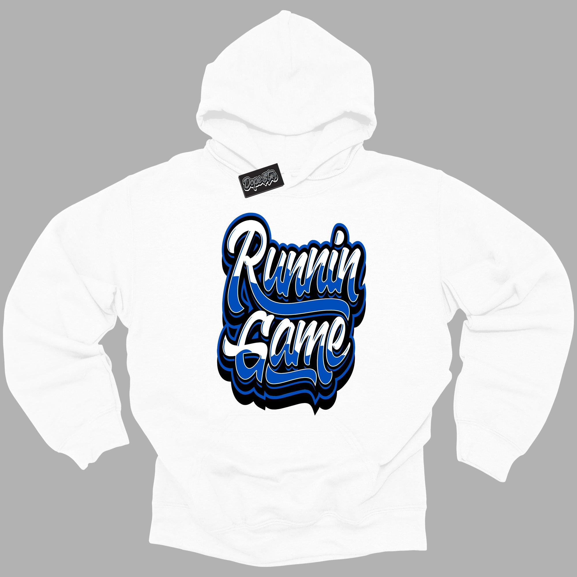 Cool White Hoodie with “ Running Game ”  design that Perfectly Matches Royal Reimagined 1s Sneakers.