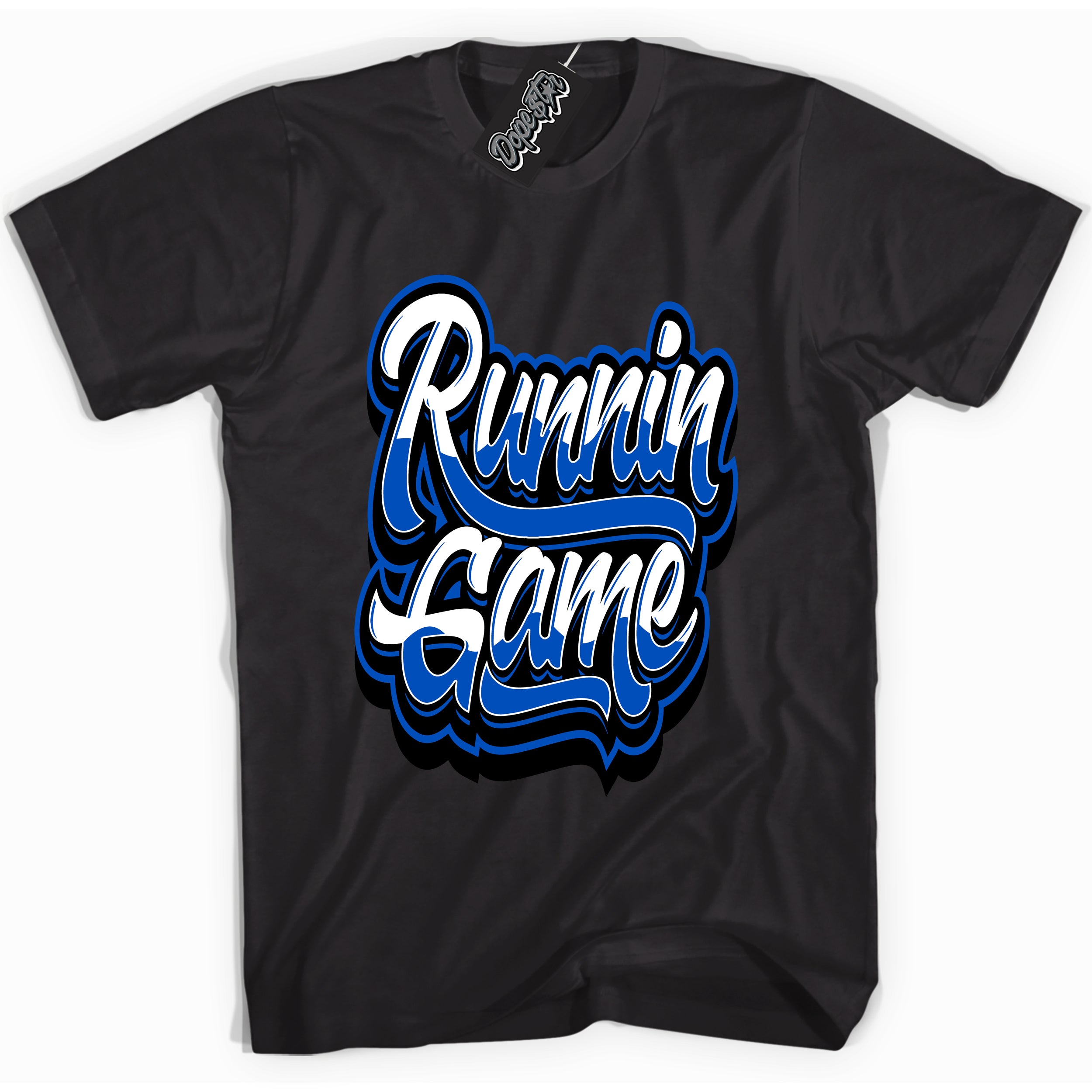 Cool Black graphic tee with "Running Game" design, that perfectly matches Royal Reimagined 1s sneakers 