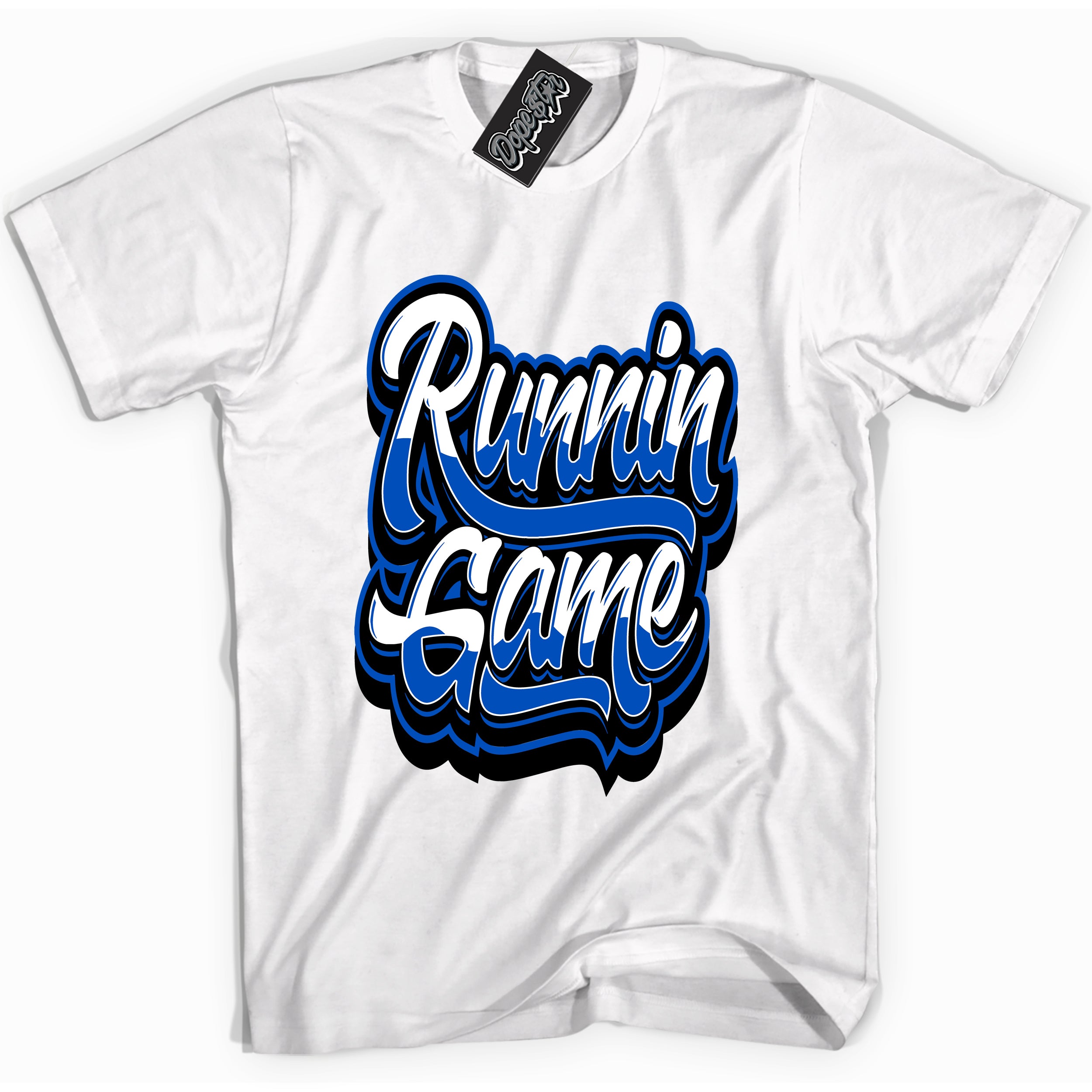 Cool White graphic tee with "Running Game" design, that perfectly matches Royal Reimagined 1s sneakers 
