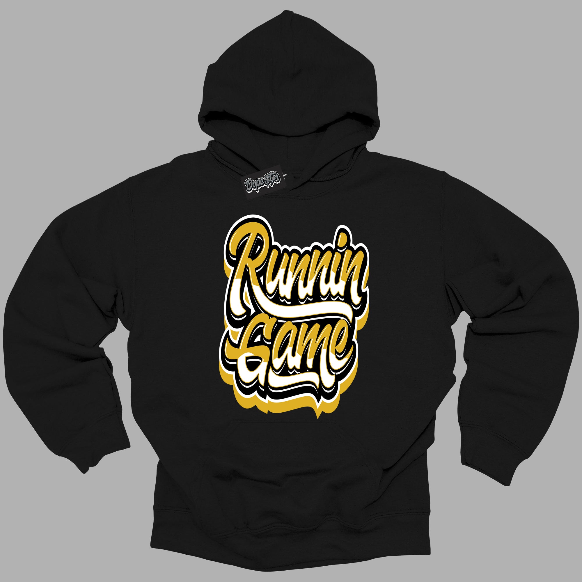 Cool Black Hoodie with “ Running Game ”  design that Perfectly Matches Yellow Ochre 6s Sneakers.