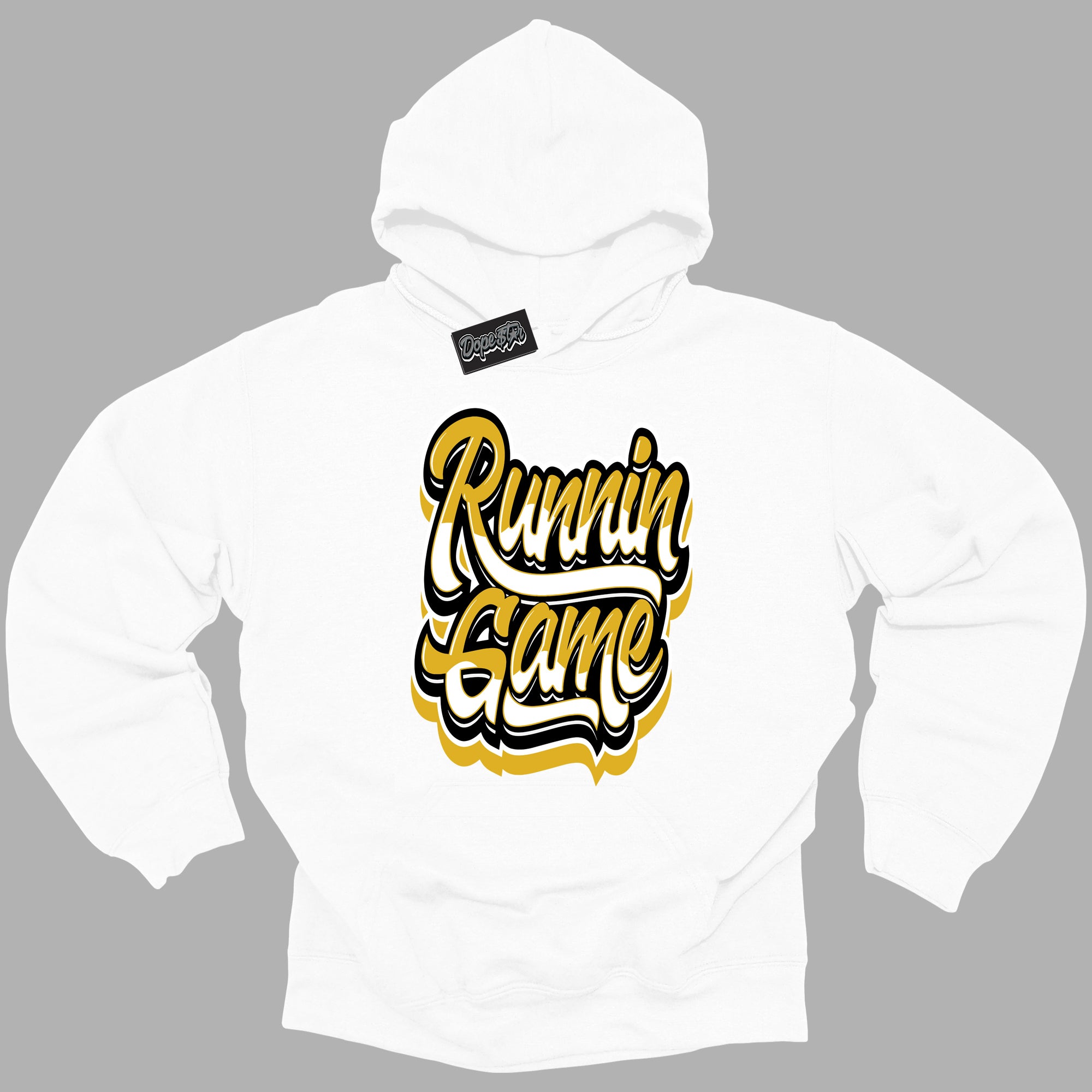 Cool White Hoodie with “ Running Game ”  design that Perfectly Matches Yellow Ochre 6s Sneakers.