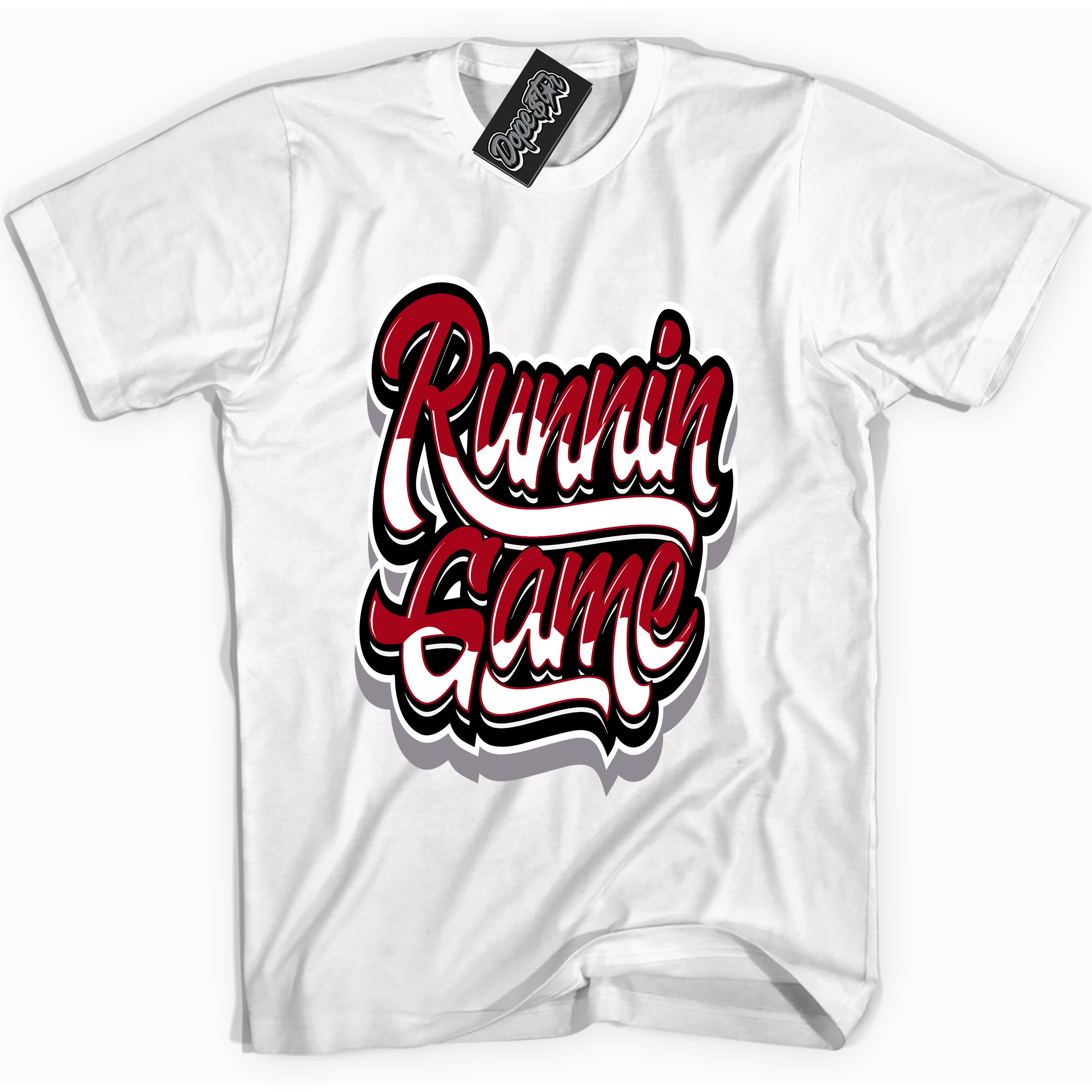 Cool White Shirt with “ Running Game” design that perfectly matches Bred Reimagined 4s Jordans.