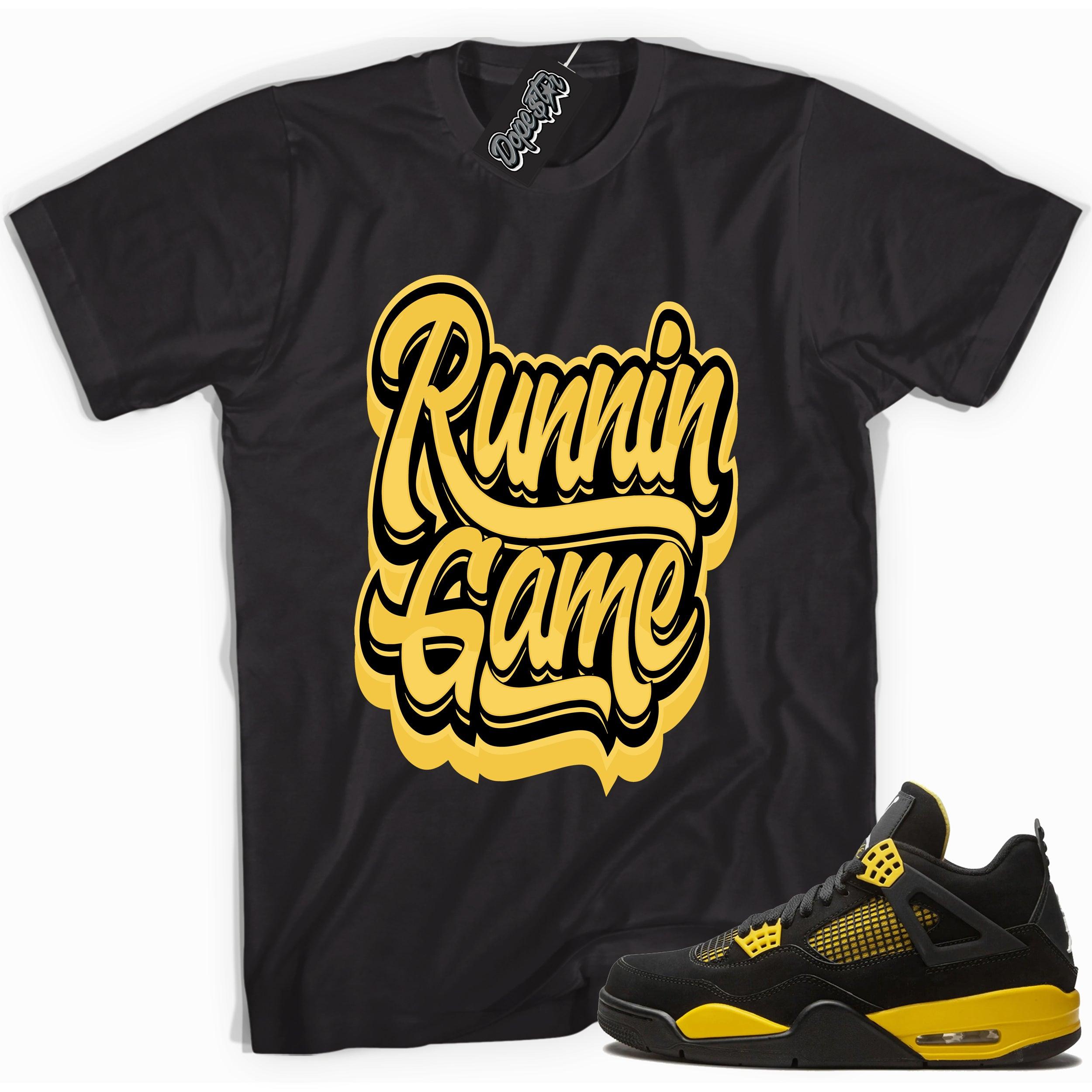 Cool black graphic tee with 'running game' print, that perfectly matches  Air Jordan 4 Thunder sneakers