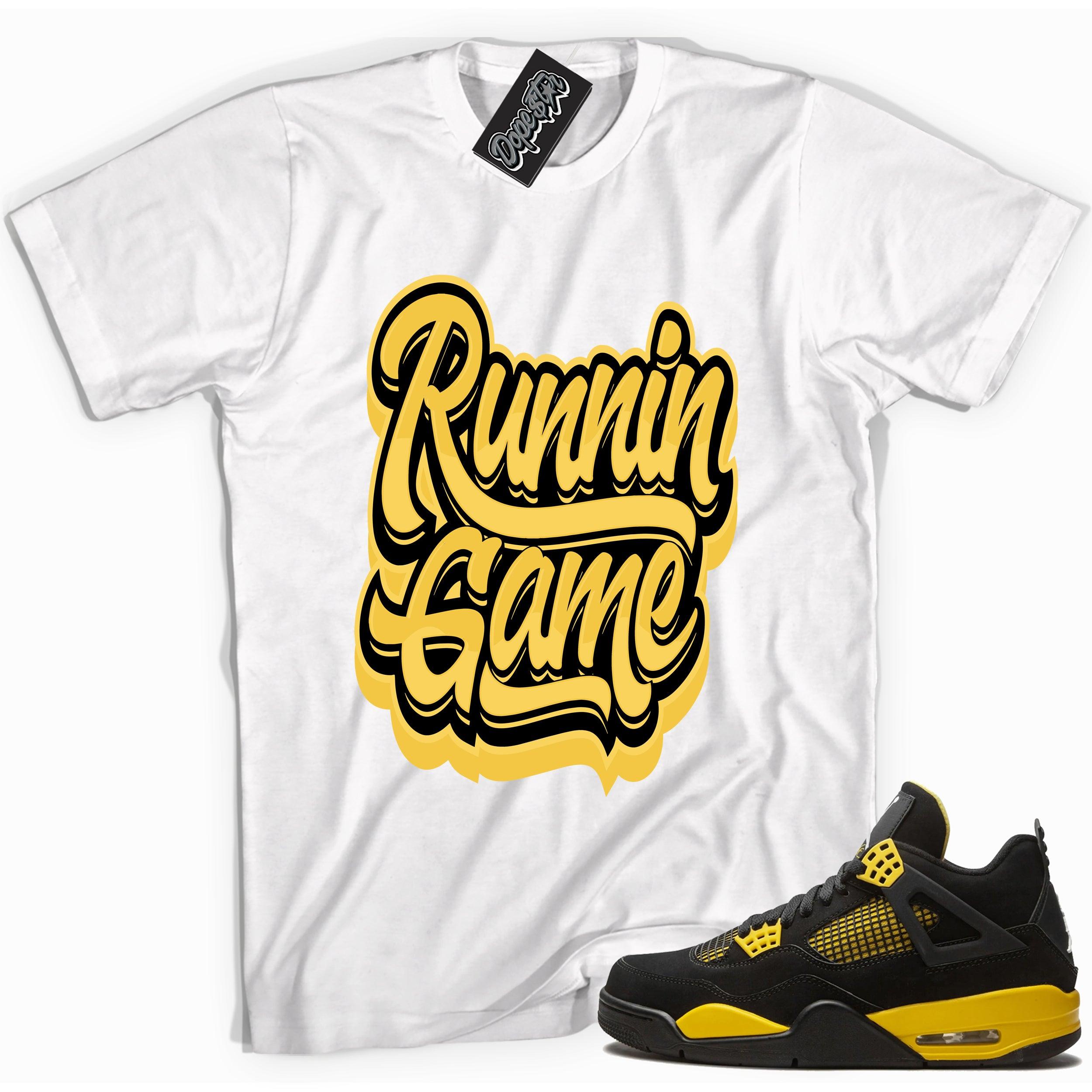 Cool white graphic tee with 'running game' print, that perfectly matches Air Jordan 4 Thunder sneakers