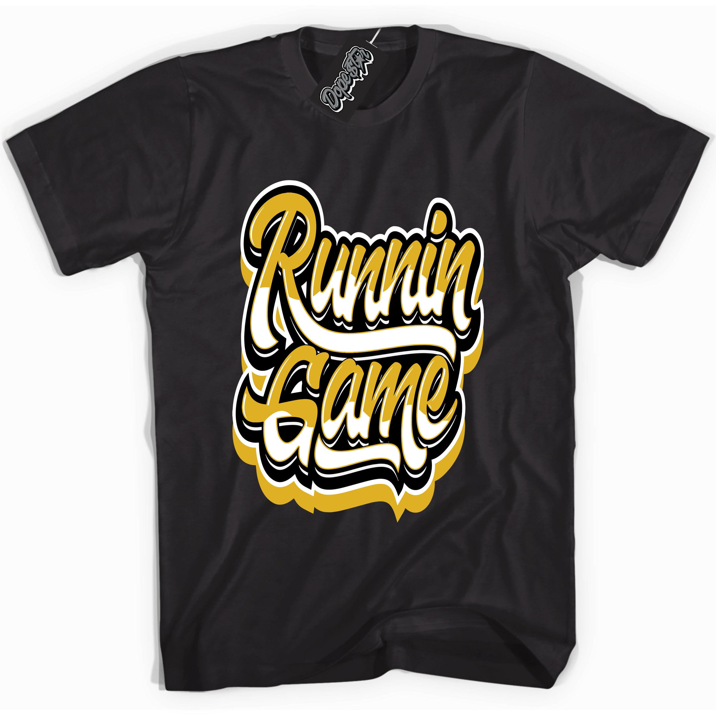 Cool Black Shirt with “ Running Game ” design that perfectly matches Yellow Ochre 6s Sneakers.