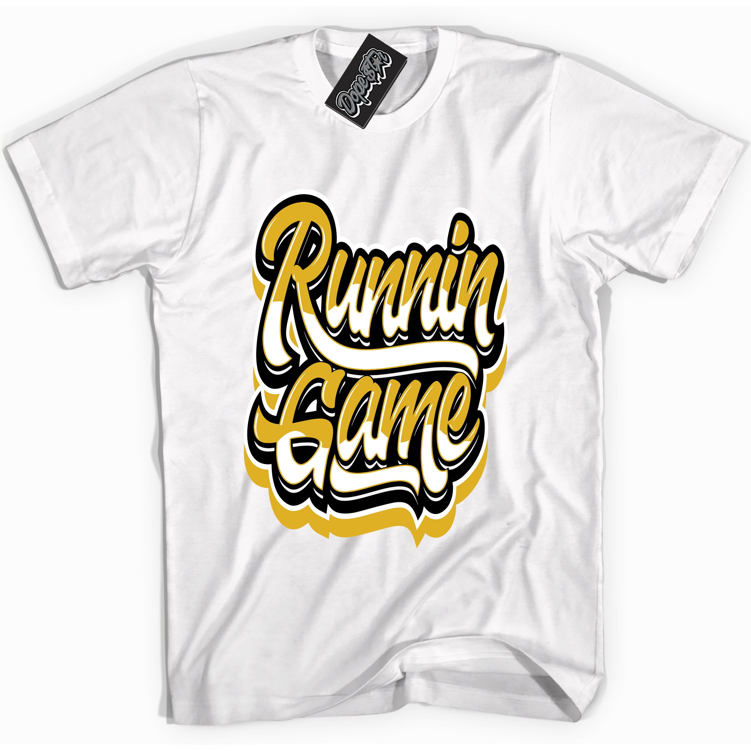 Cool White Shirt with “ Running Game” design that perfectly matches Yellow Ochre 6s Sneakers.
