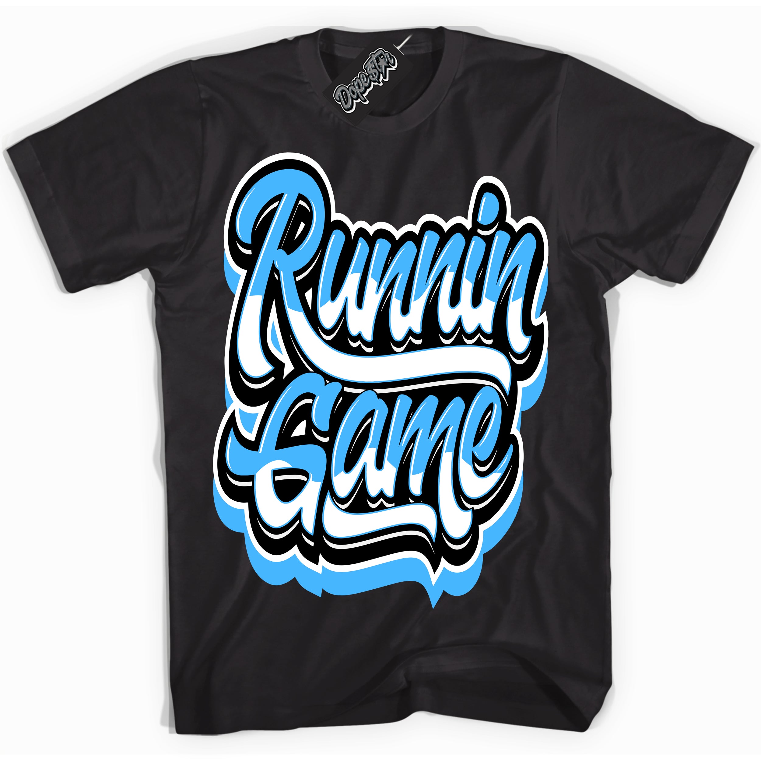 Cool Black graphic tee with “ Running Game” design, that perfectly matches Powder Blue 9s sneakers 