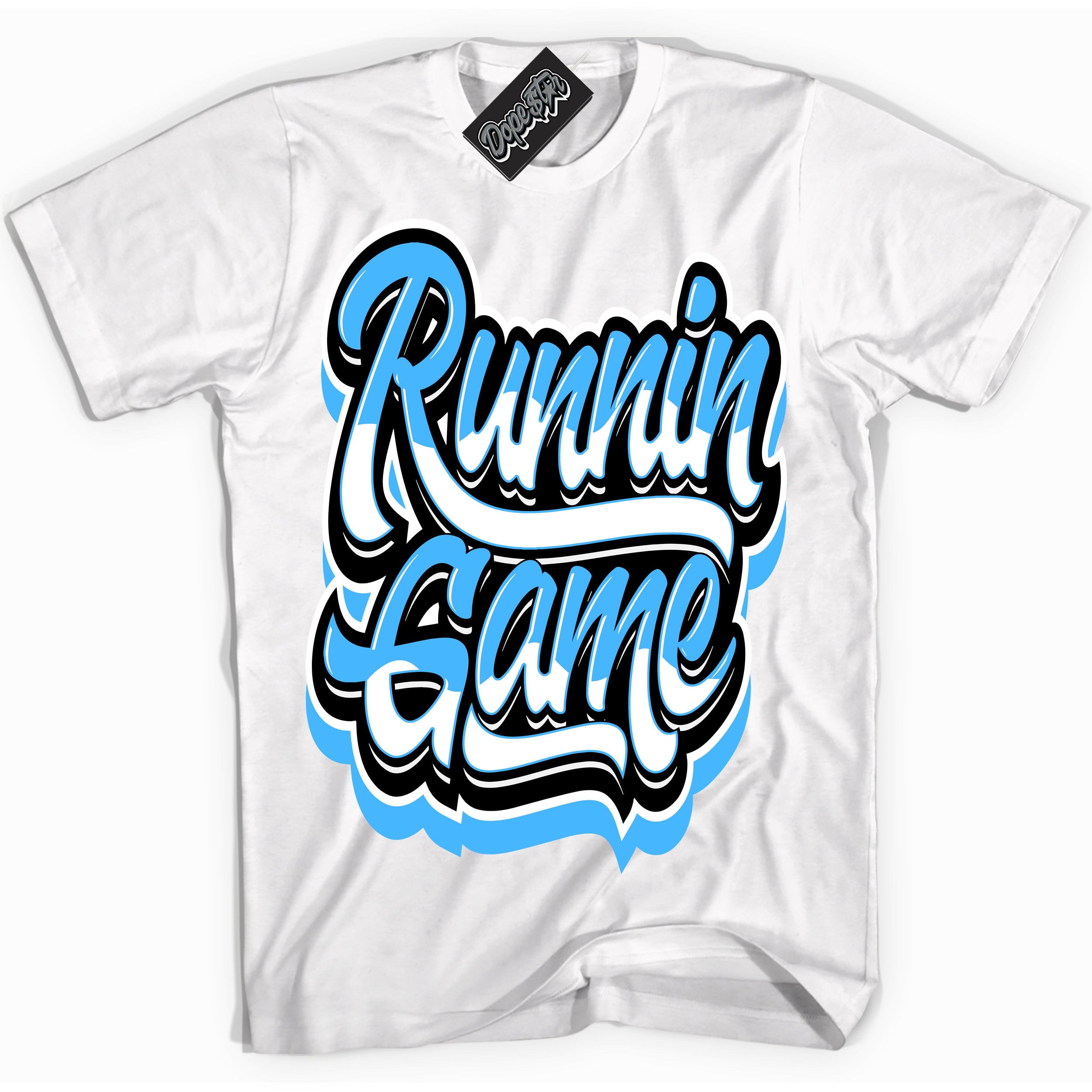 Cool White graphic tee with “ Running Game ” design, that perfectly matches Powder Blue 9s sneakers 
