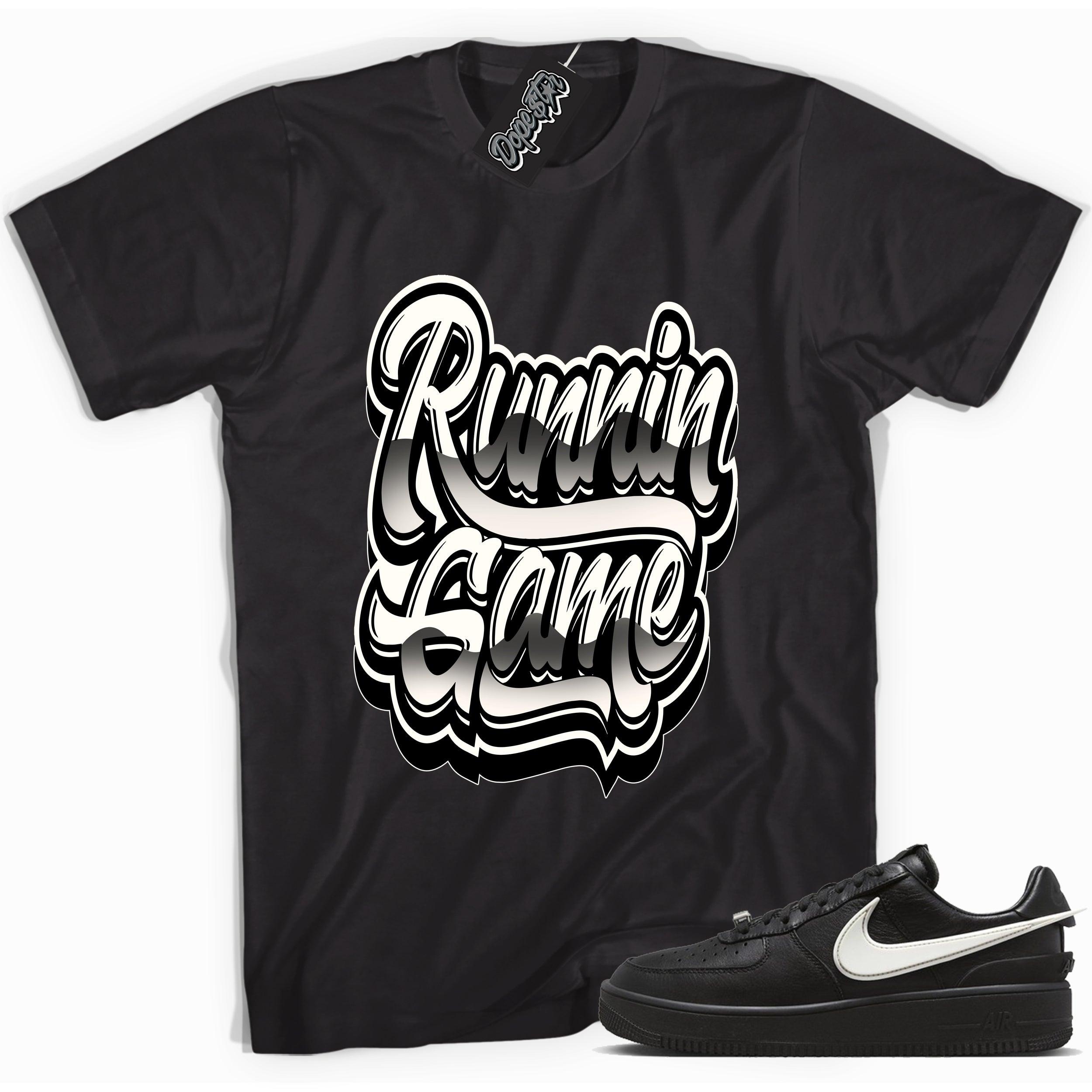 Cool black graphic tee with 'runnin game' print, that perfectly matches Nike Air Force 1 Low Ambush Phantom Blacksneakers