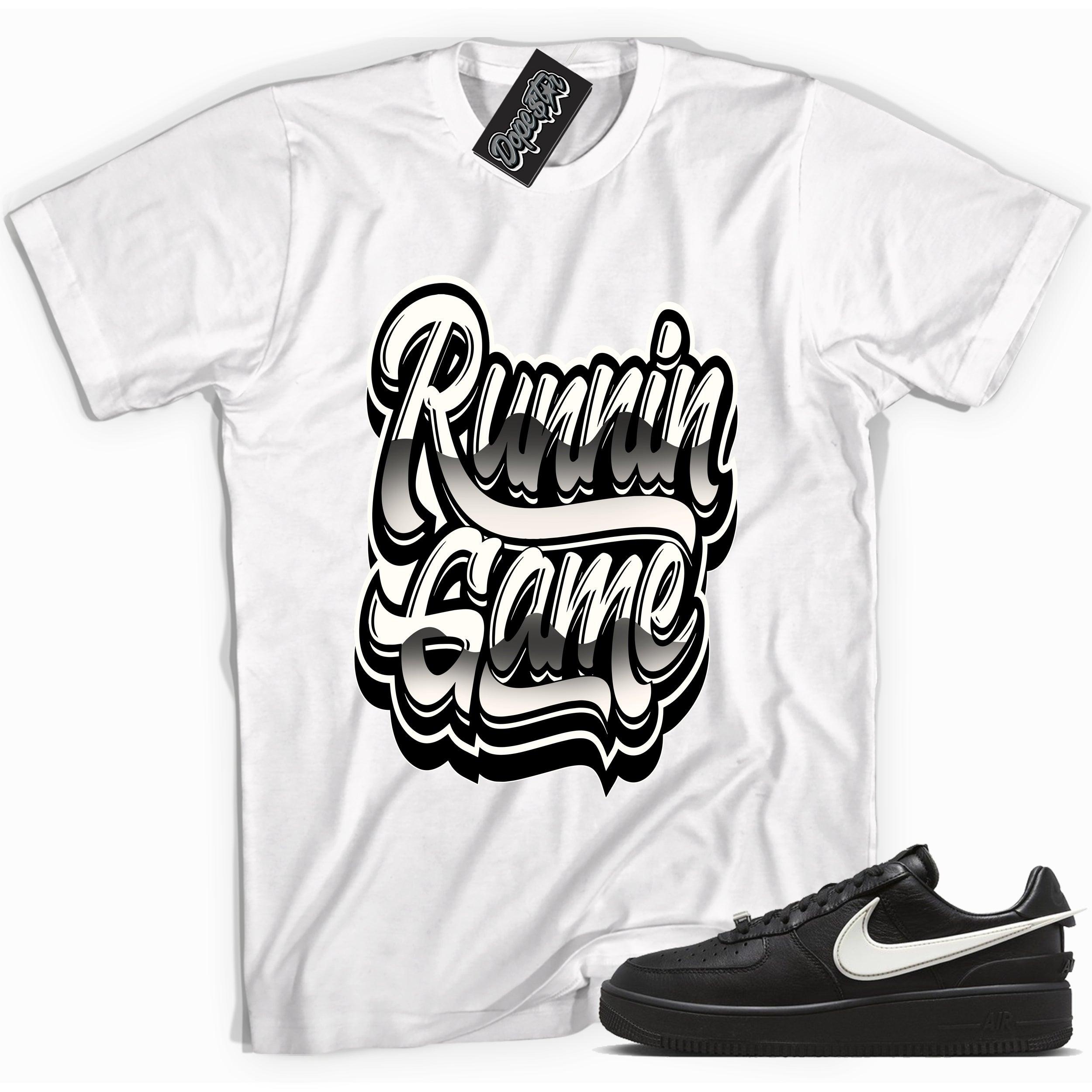 Cool white graphic tee with 'runnin game' print, that perfectly matches Nike Air Force 1 Low Ambush Phantom Blacksneakers