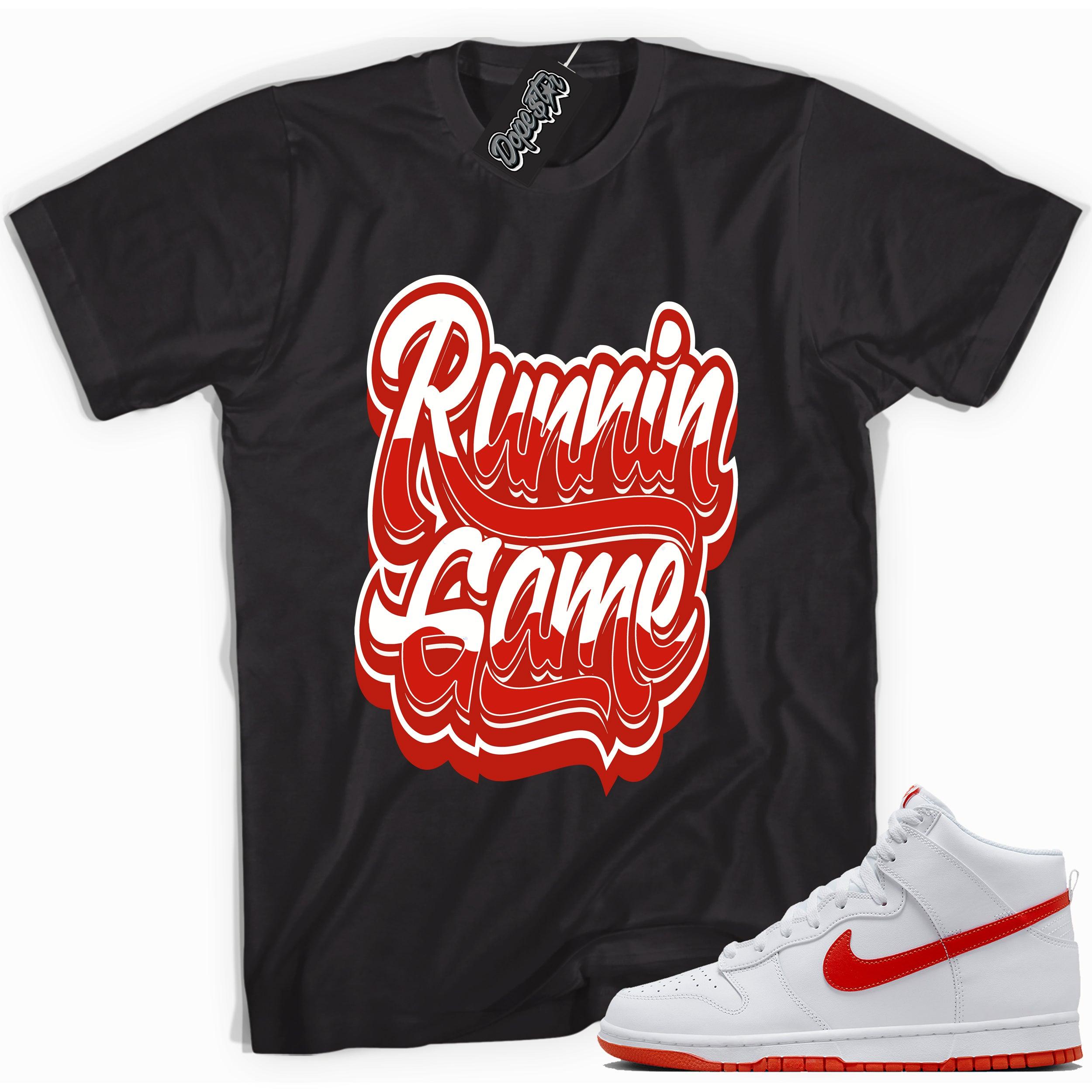 Cool black graphic tee with 'running game' print, that perfectly matches Nike Dunk High White Picante Red sneakers.