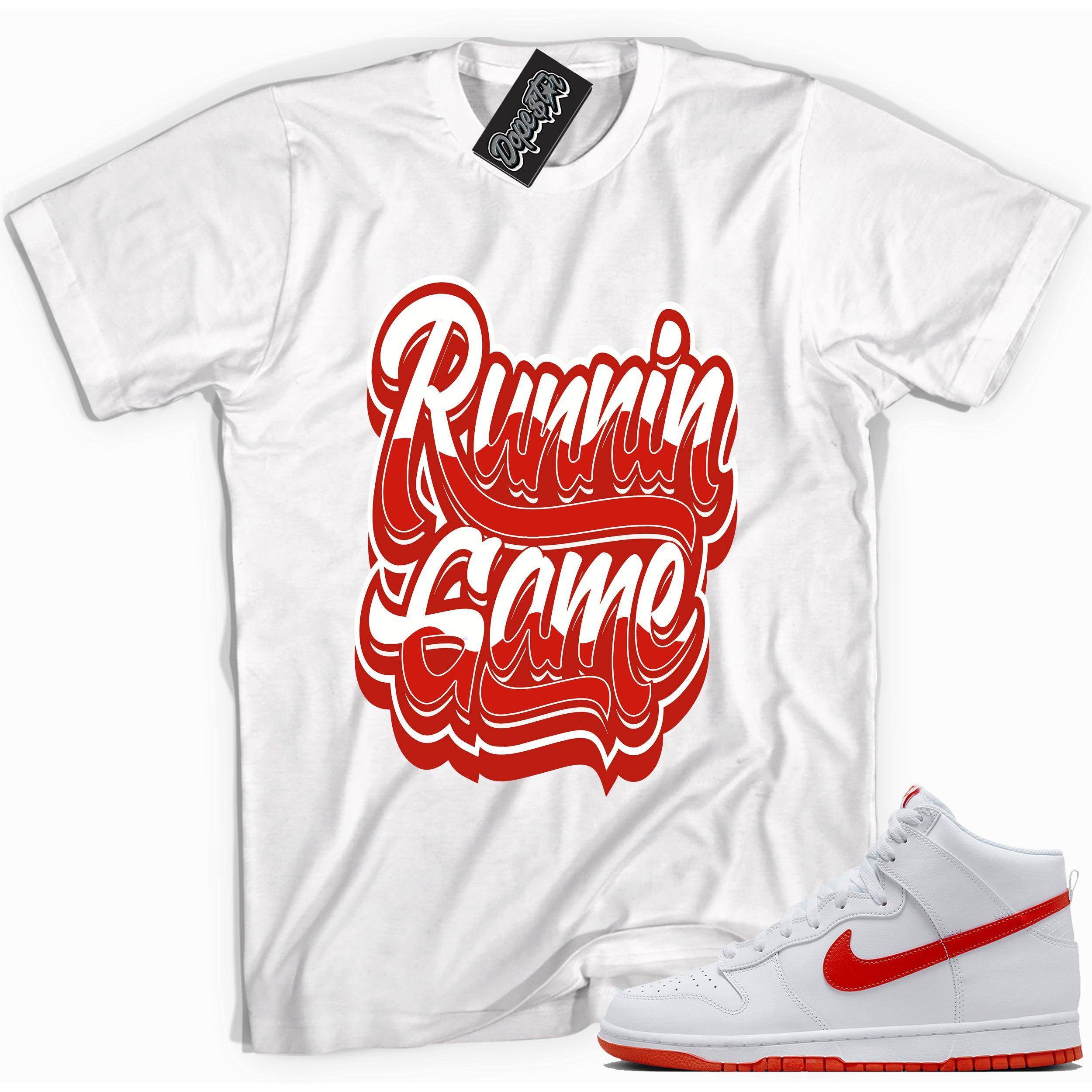 Cool white graphic tee with 'running game' print, that perfectly matches Nike Dunk High White Picante Red sneakers.