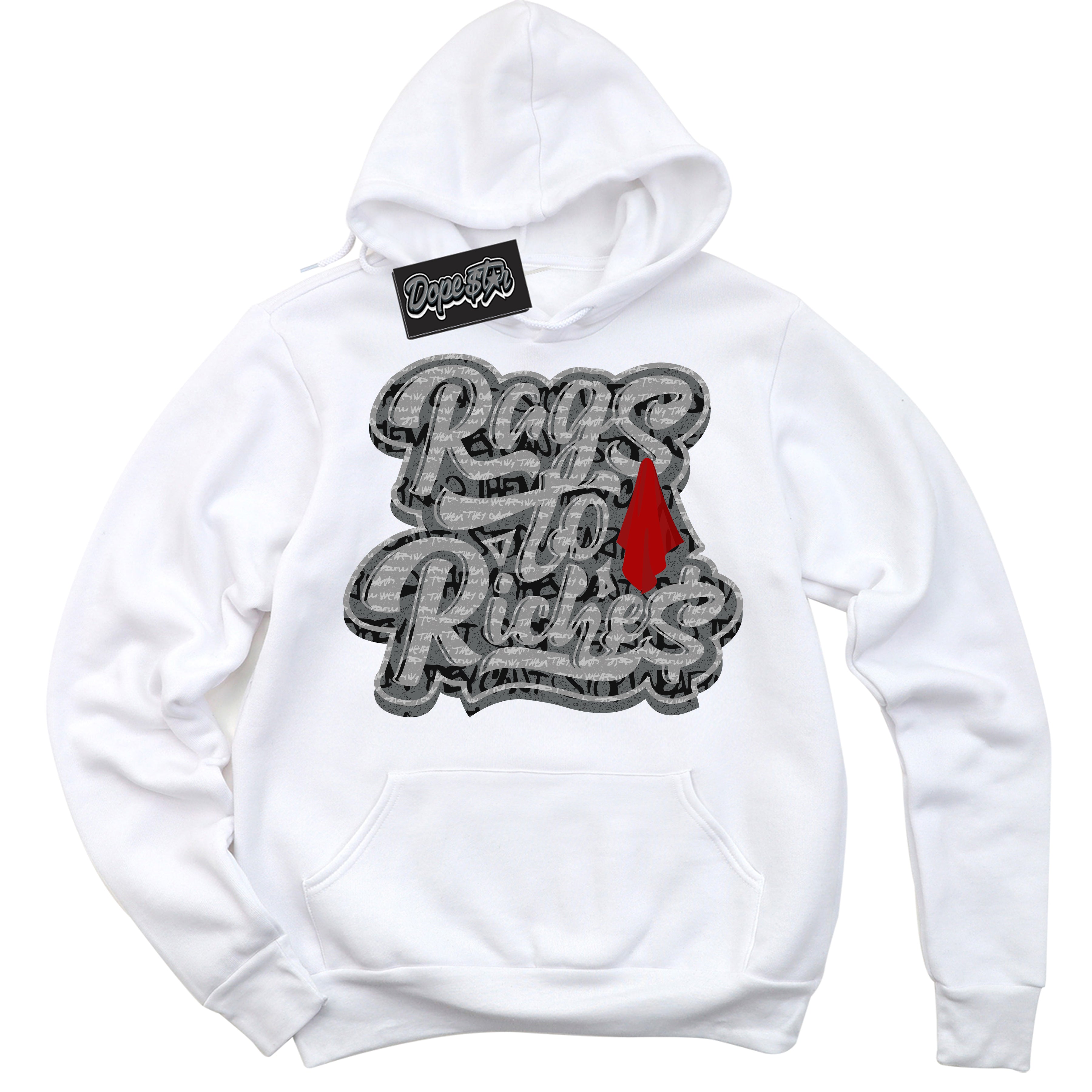 Cool White Hoodie with “ Rags To Riches ”  design that Perfectly Matches Rebellionaire 1s Sneakers.