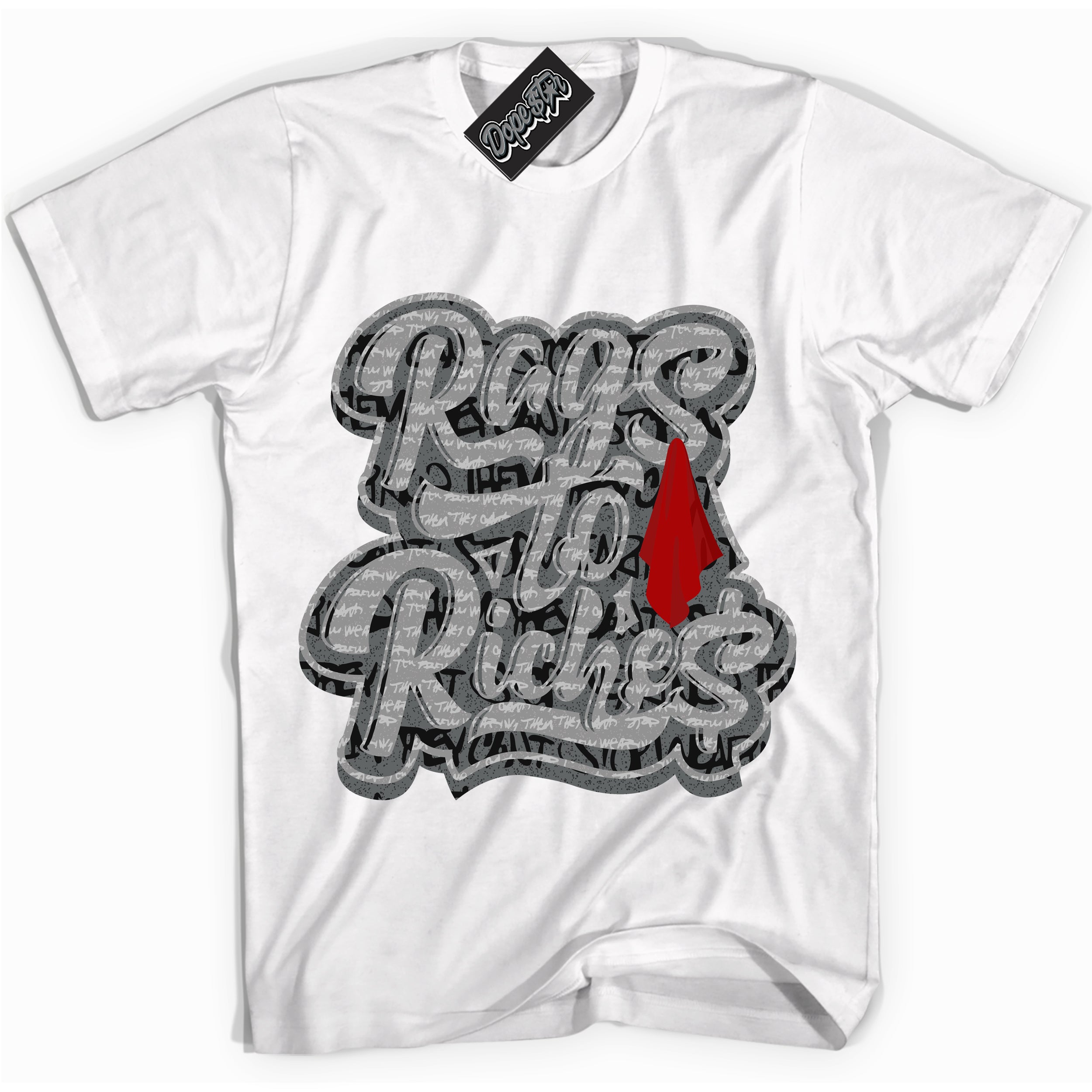 Cool White Shirt with “ Rags To Riches ” design that perfectly matches Rebellionaire 1s Sneakers.