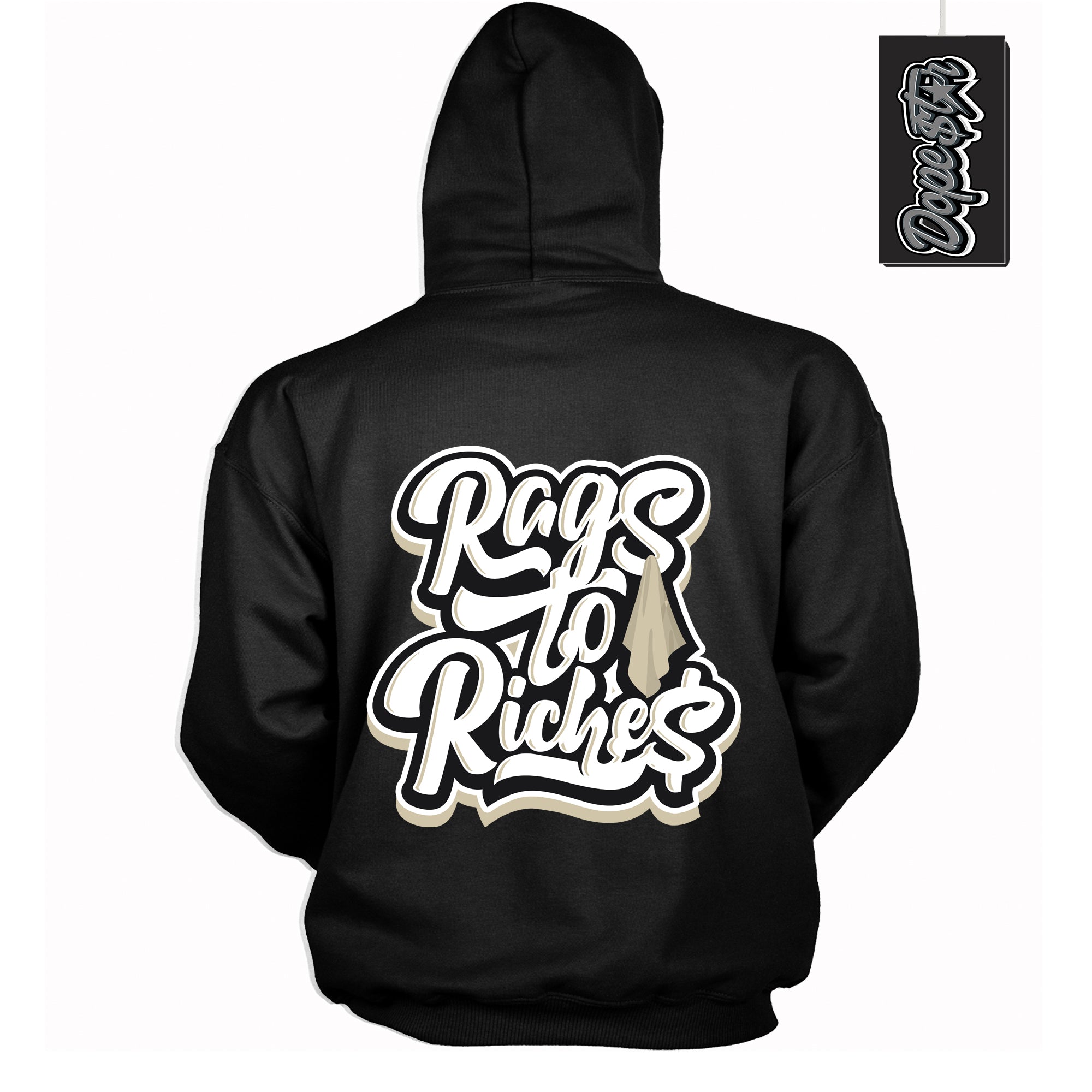 Cool Black Hoodie with “ Rags To Riches ”  design that Perfectly Matches  Gratitude 11s Sneakers.