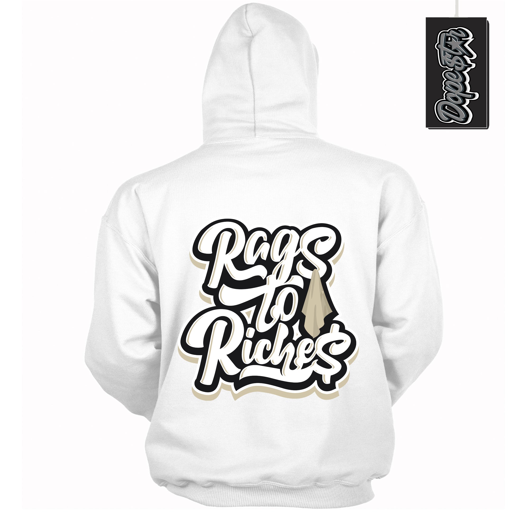 Cool White Hoodie with “ Rags To Riches ”  design that Perfectly Matches Gratitude 11s Sneakers.