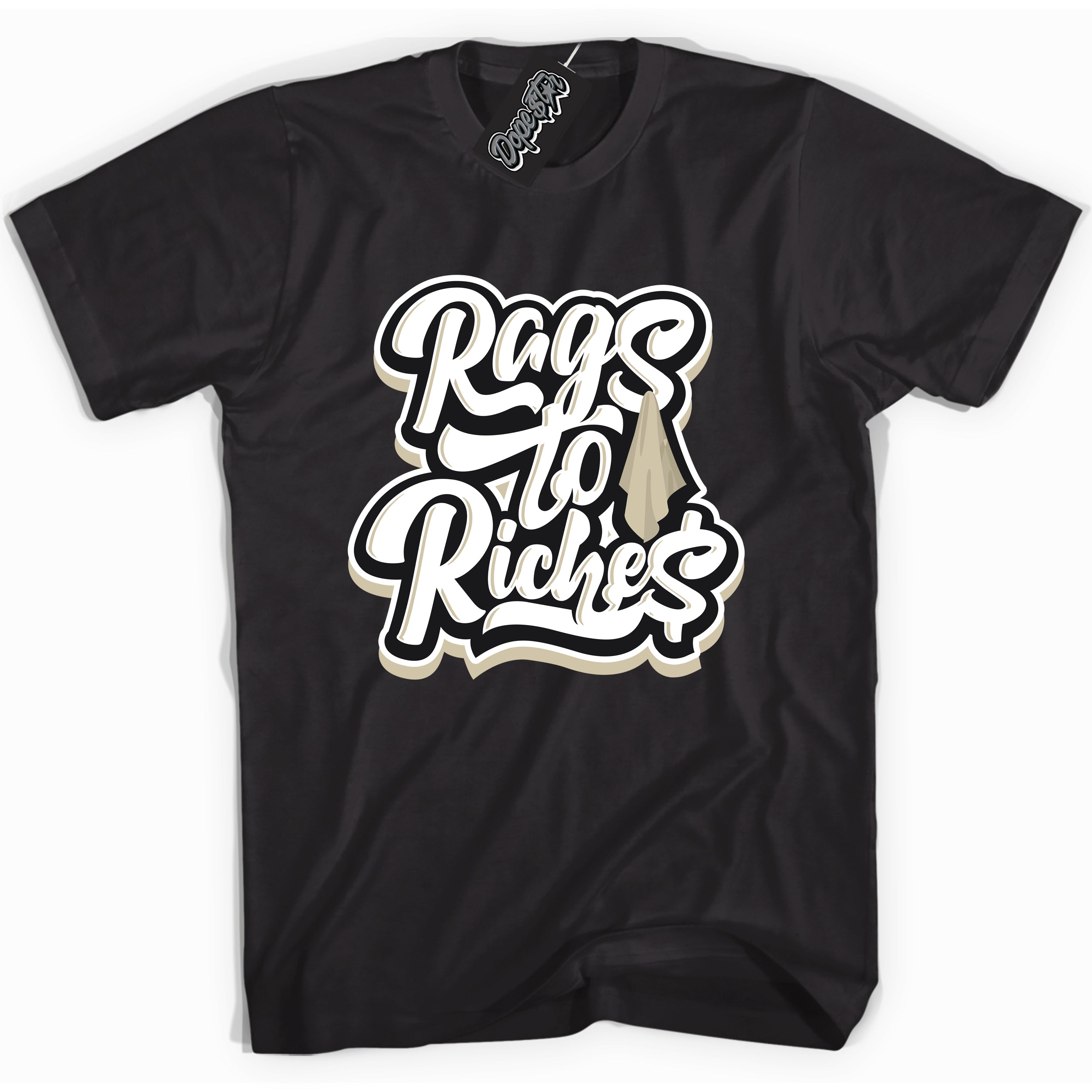 Cool Black Shirt with “ Rags To Riches” design that perfectly matches Gratitude 11s Sneakers.