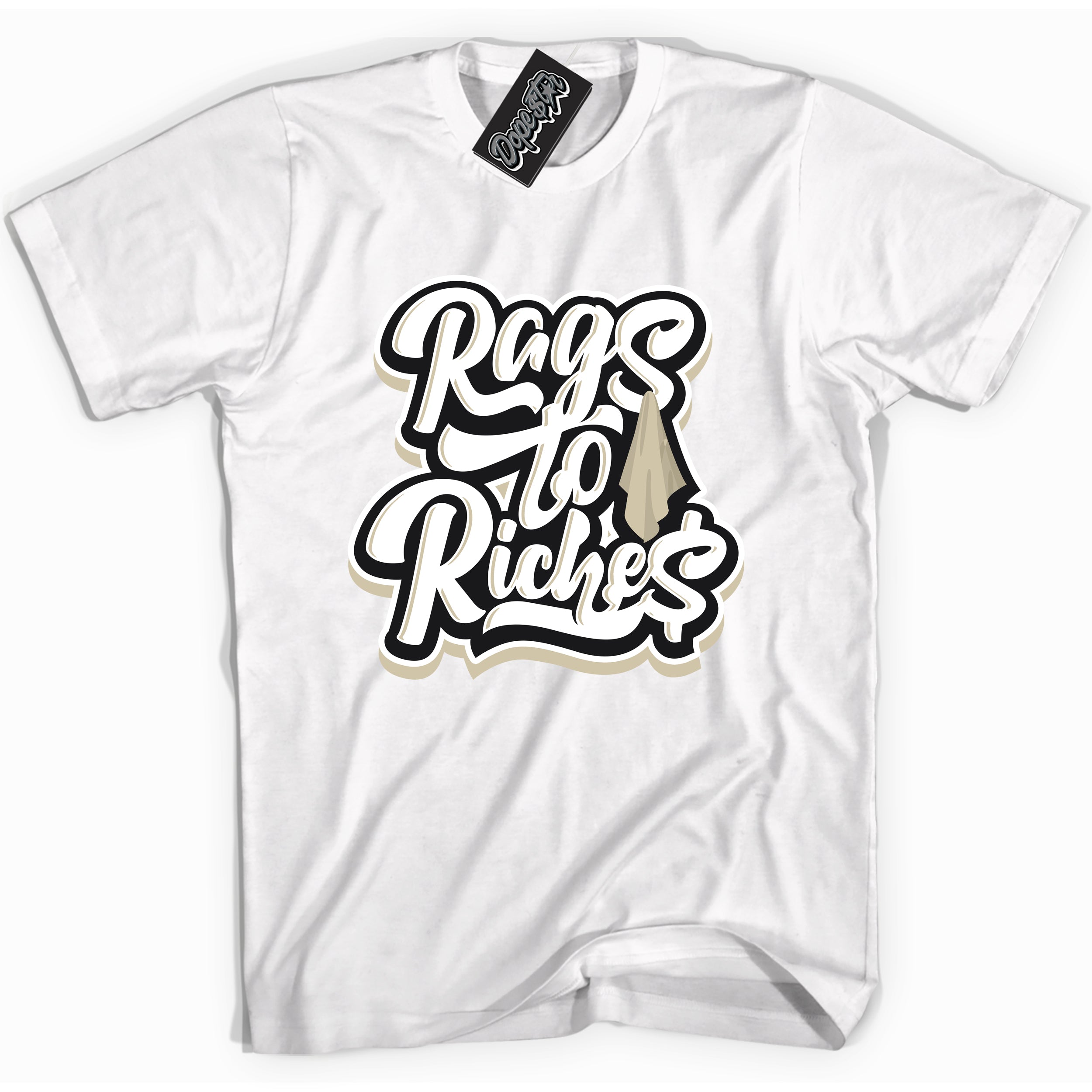 Cool White Shirt with “ Rags To Riches” design that perfectly matches Gratitude 11s Sneakers.