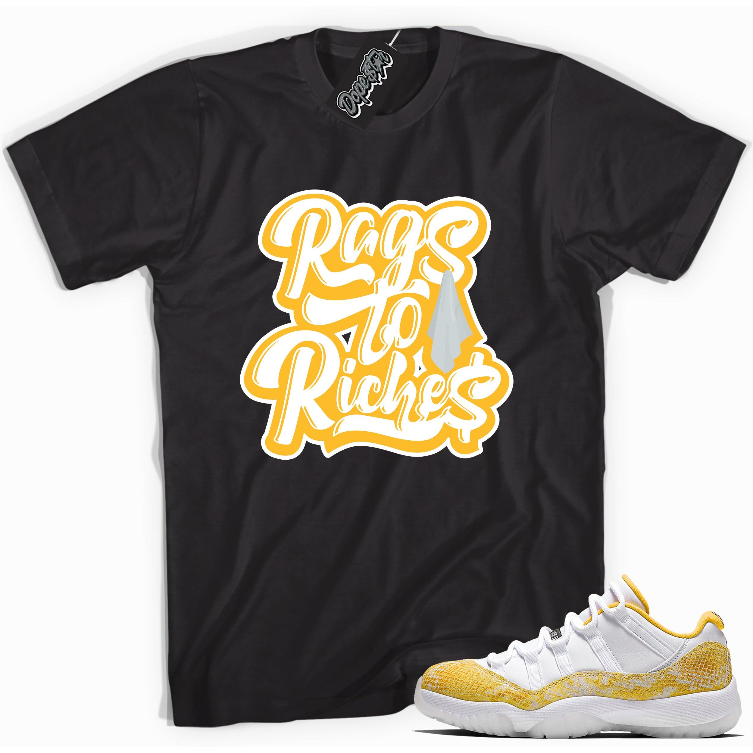 Cool black graphic tee with 'rags to riches' print, that perfectly matches  Air Jordan 11 Retro Low Yellow Snakeskin sneakers