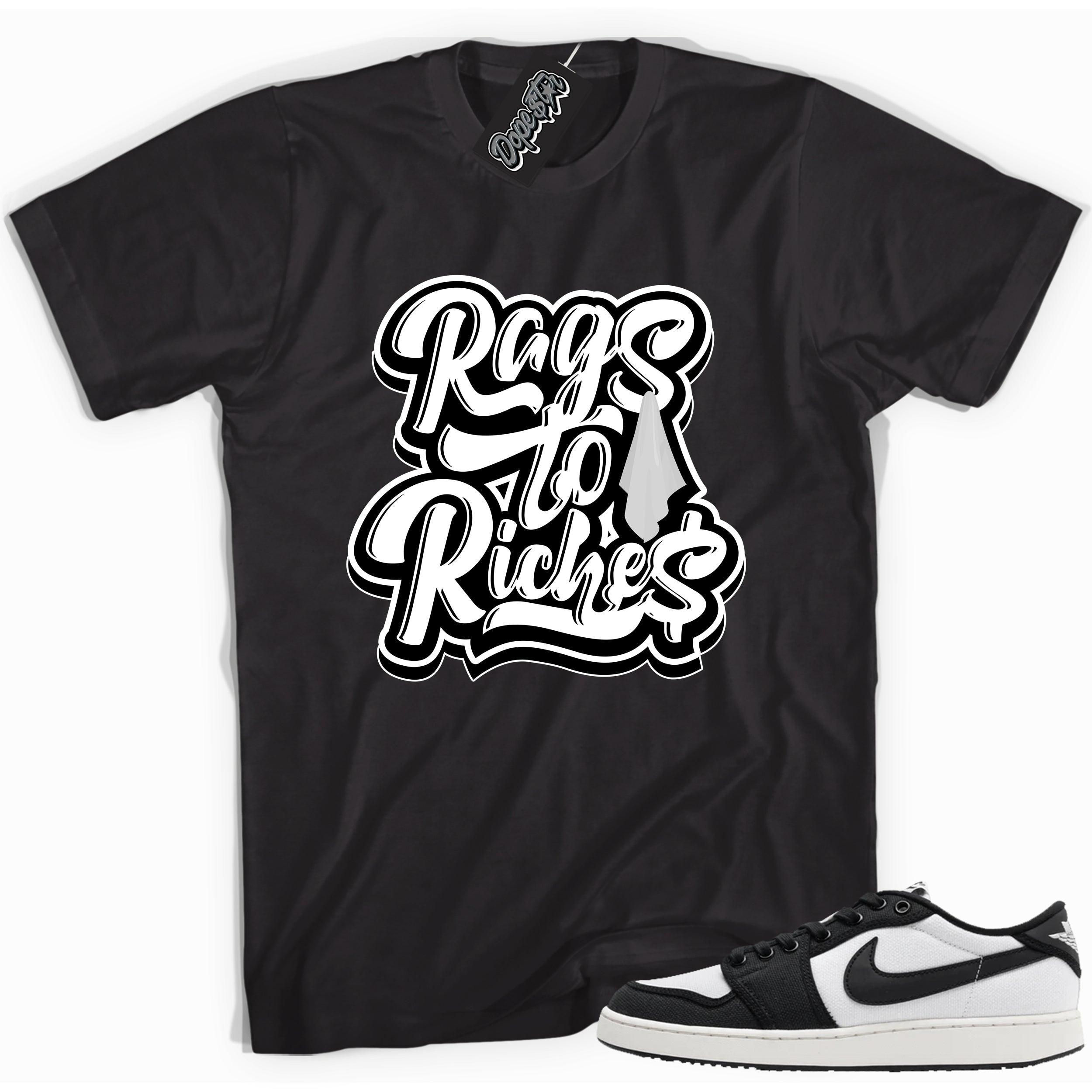 Cool black graphic tee with 'rags to riches' print, that perfectly matches Air Jordan 1 Retro Ajko Low Black & White sneakers.