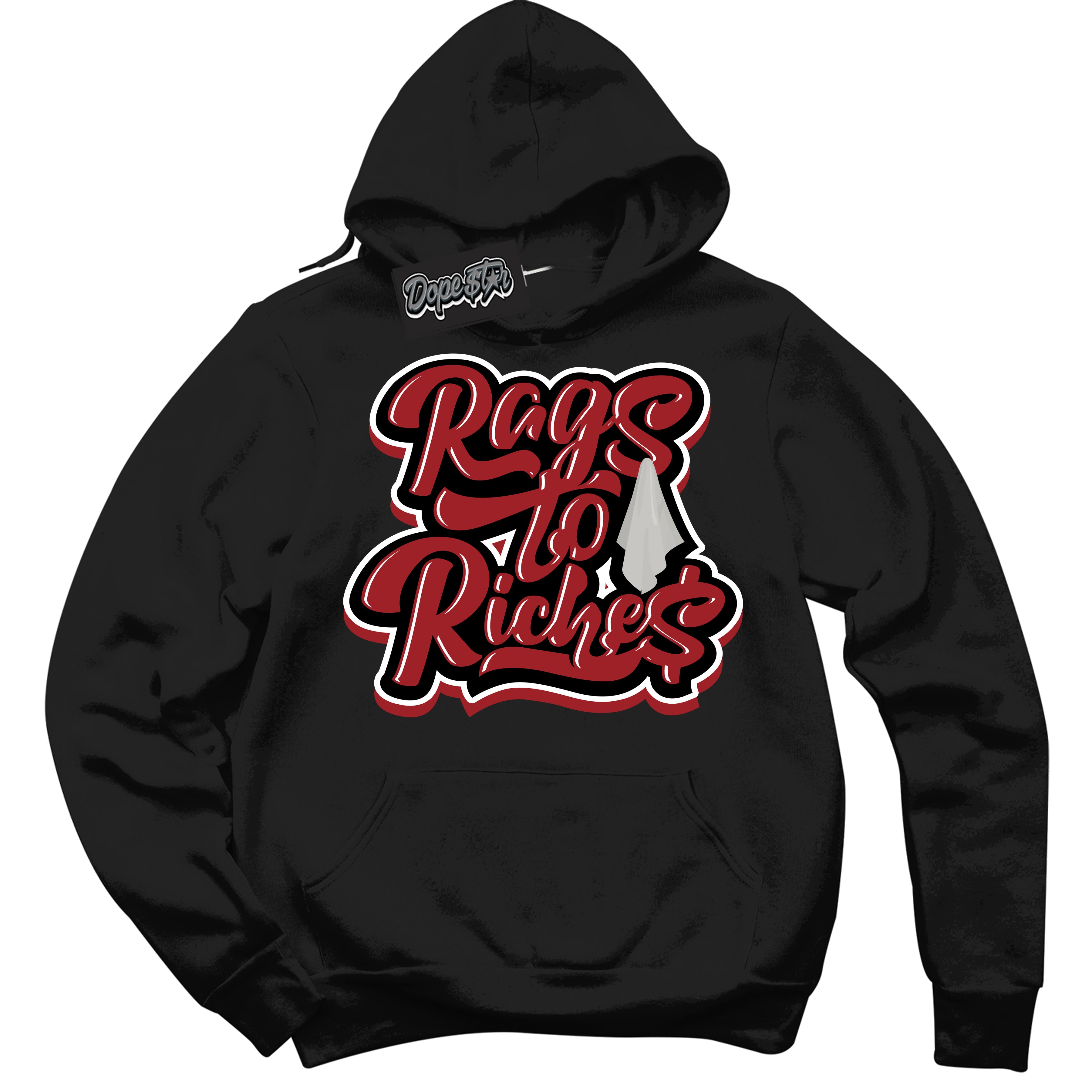 Cool Black Hoodie With “ Rags To Riches “ Design That Perfectly Matches Lost And Found 1s Sneakers