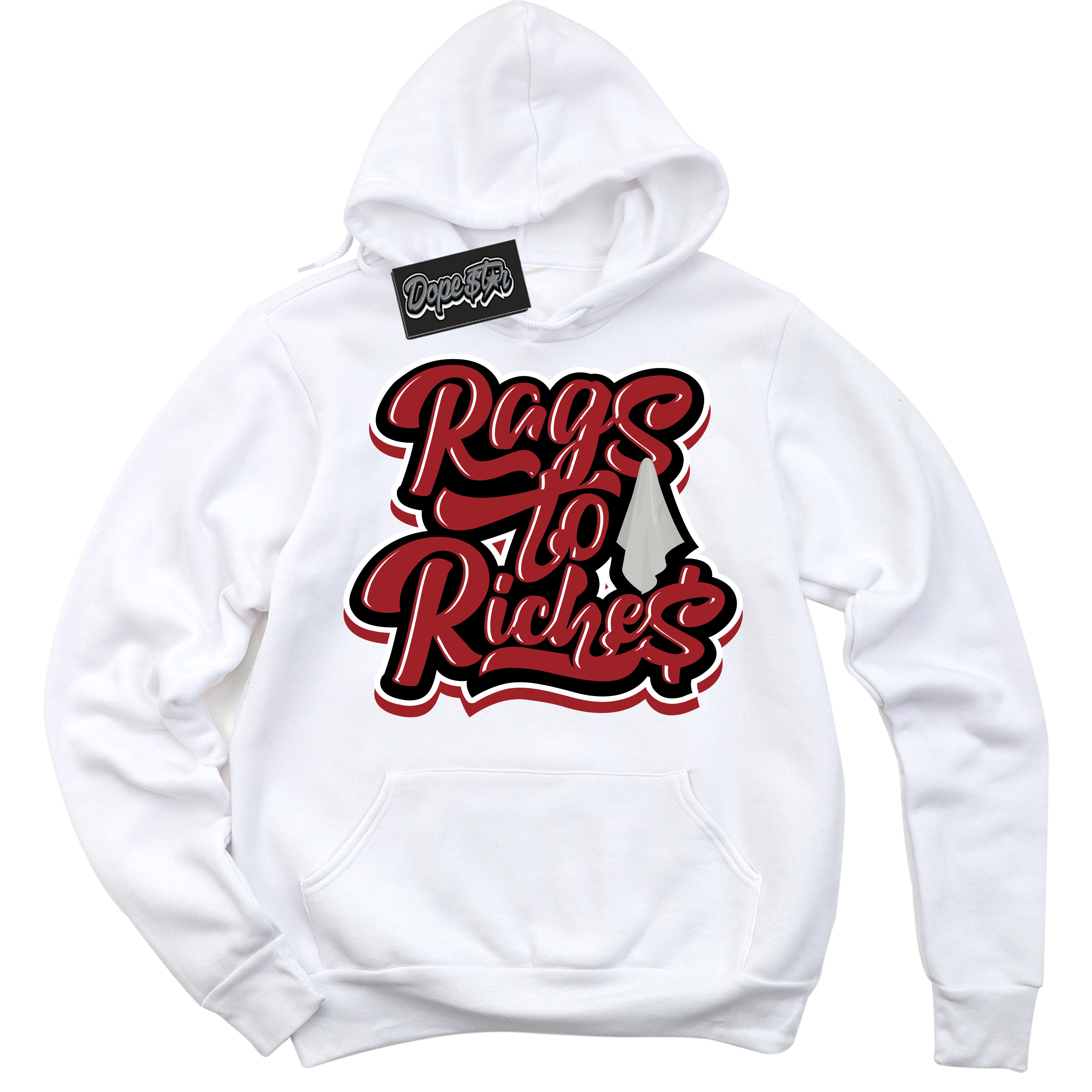 Cool White Hoodie With “ Rags To Riches “  Design That Perfectly Matches Lost And Found 1s Sneakers.