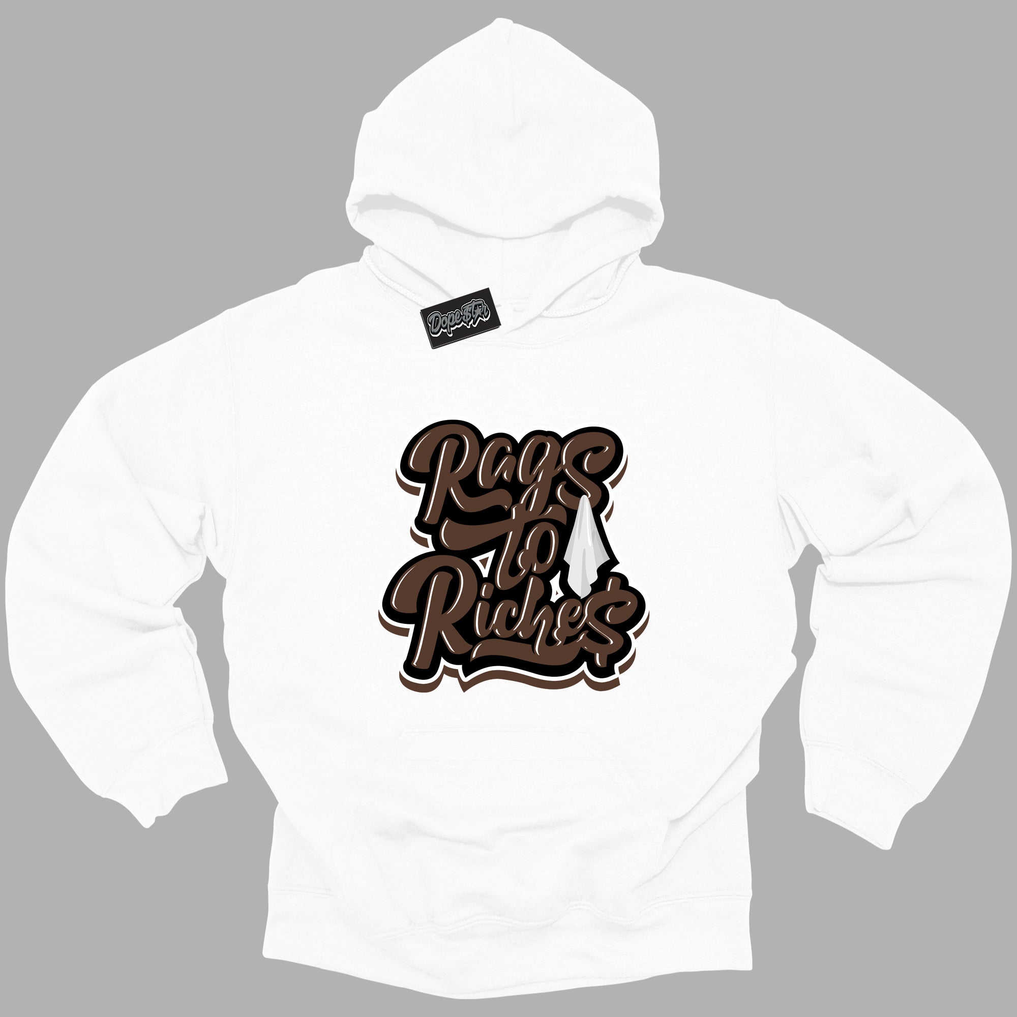 Cool White Graphic DopeStar Hoodie with “ Rags To Riches “ print, that perfectly matches Palomino 1s sneakers