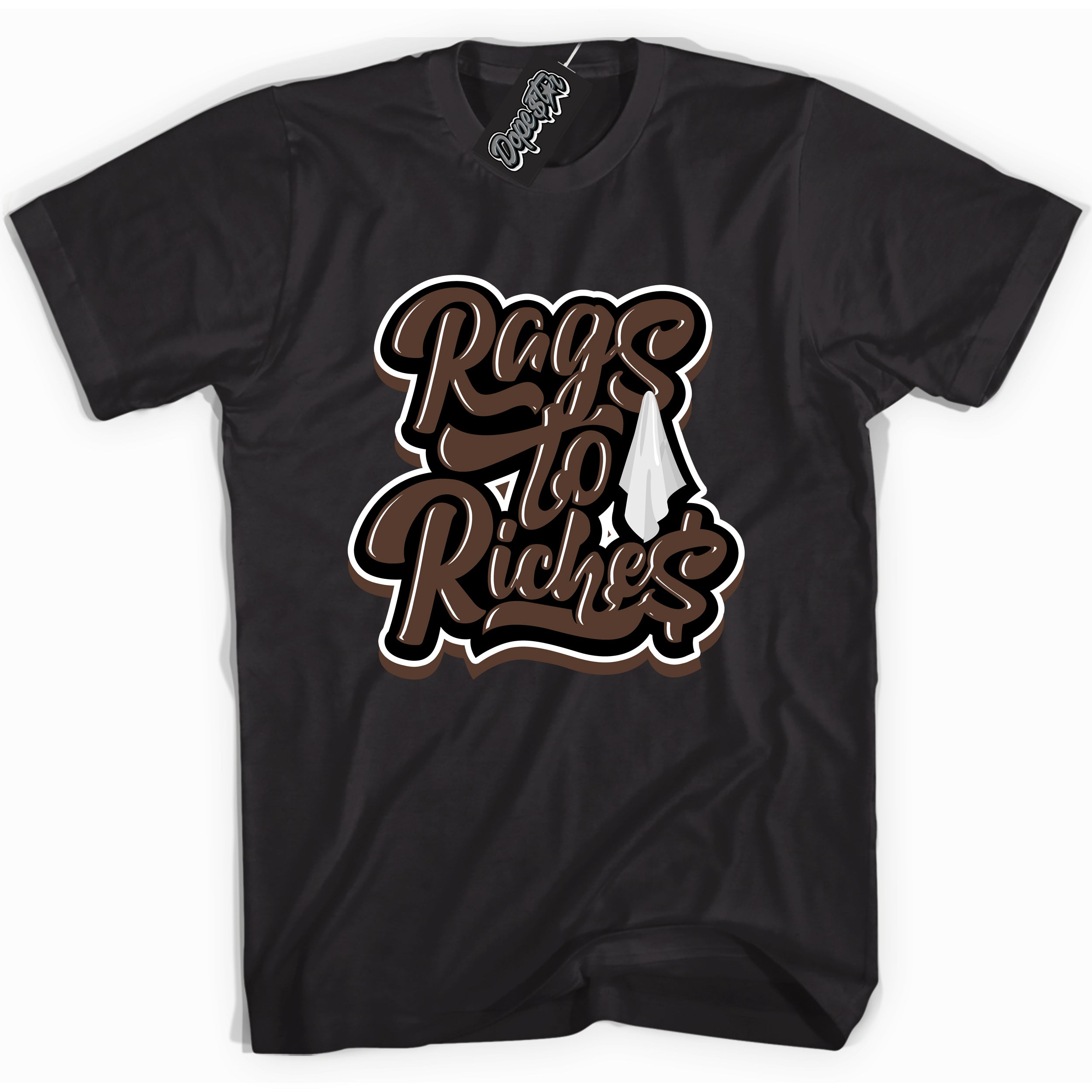 Cool Black graphic tee with “ Rags To Riches ” design, that perfectly matches Palomino 1s sneakers 