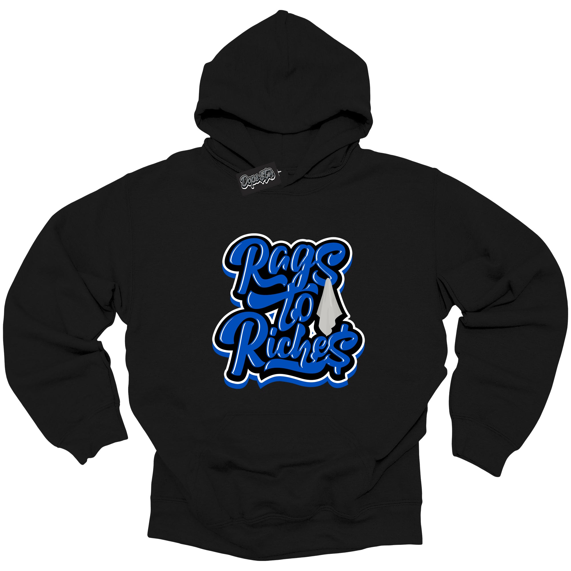 Cool Black Hoodie with “ Rags To Riches ”  design that Perfectly Matches  Royal Reimagined 1s Sneakers.