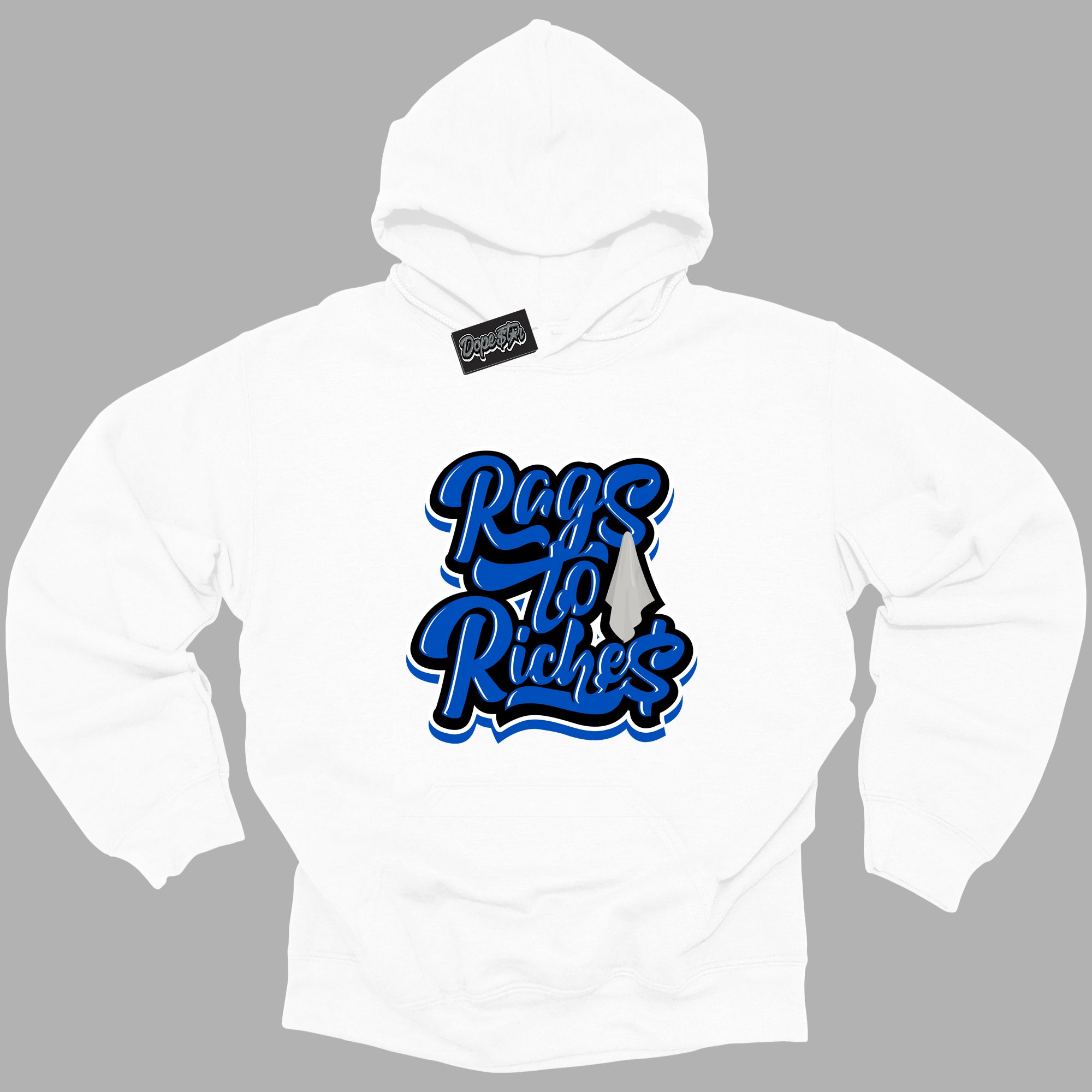 Cool White Hoodie with “ Rags To Riches ”  design that Perfectly Matches Royal Reimagined 1s Sneakers.