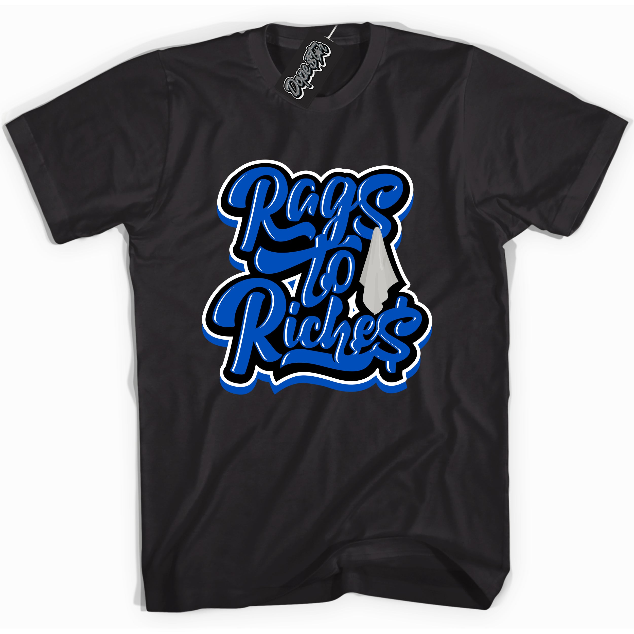 Cool Black graphic tee with Rags To Riches print, that perfectly matches OG Royal Reimagined 1s sneakers 