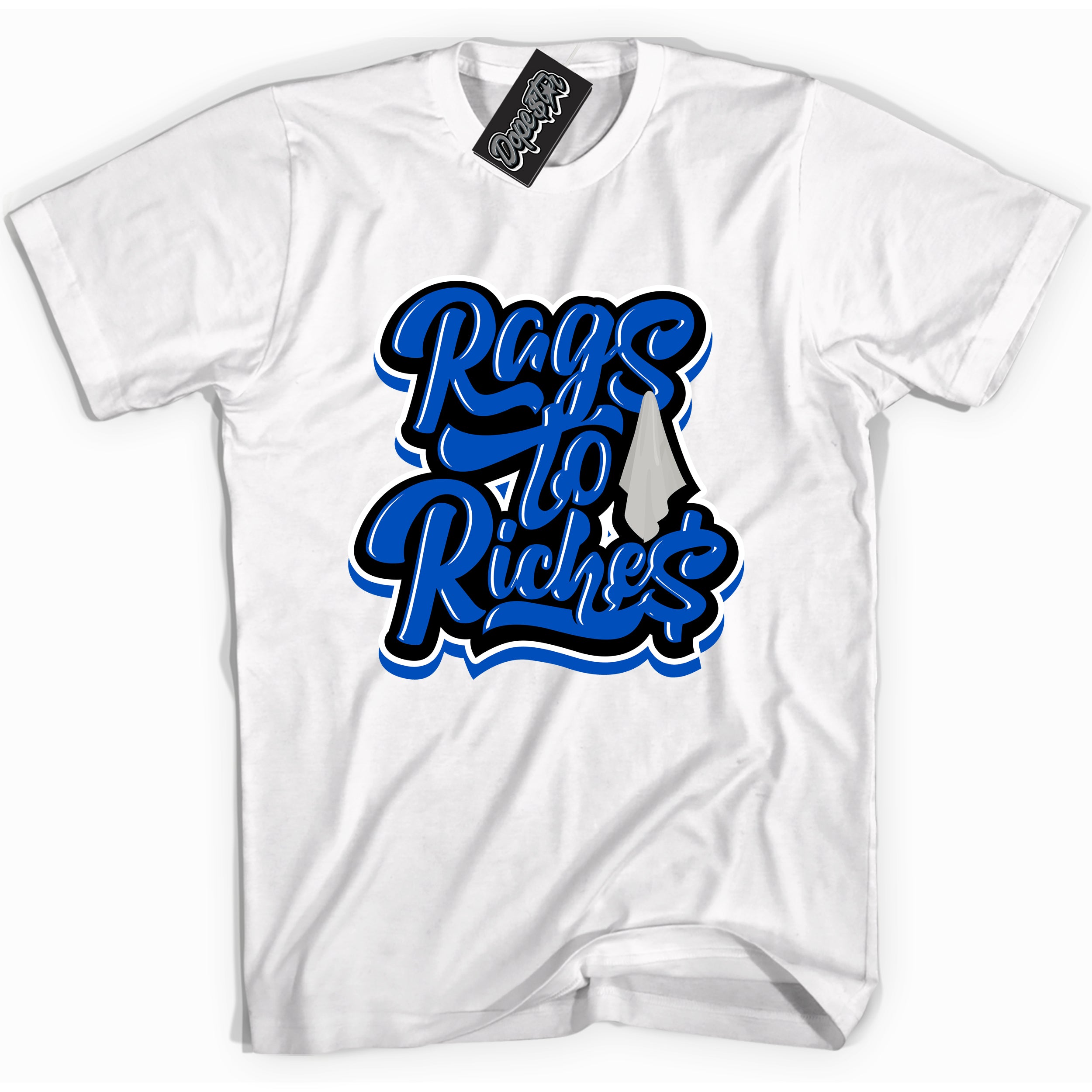 Cool White graphic tee with Rags To Riches print, that perfectly matches OG Royal Reimagined 1s sneakers 