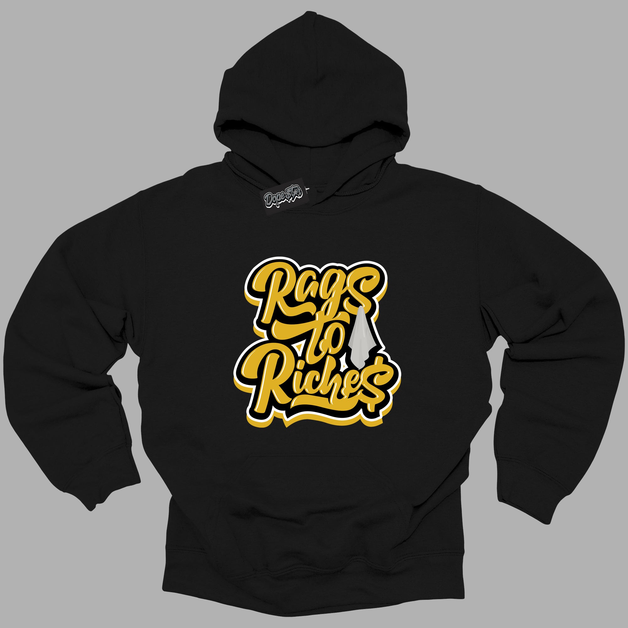 Cool Black Hoodie with “ Rags To Riches ”  design that Perfectly Matches Yellow Ochre 6s Sneakers.