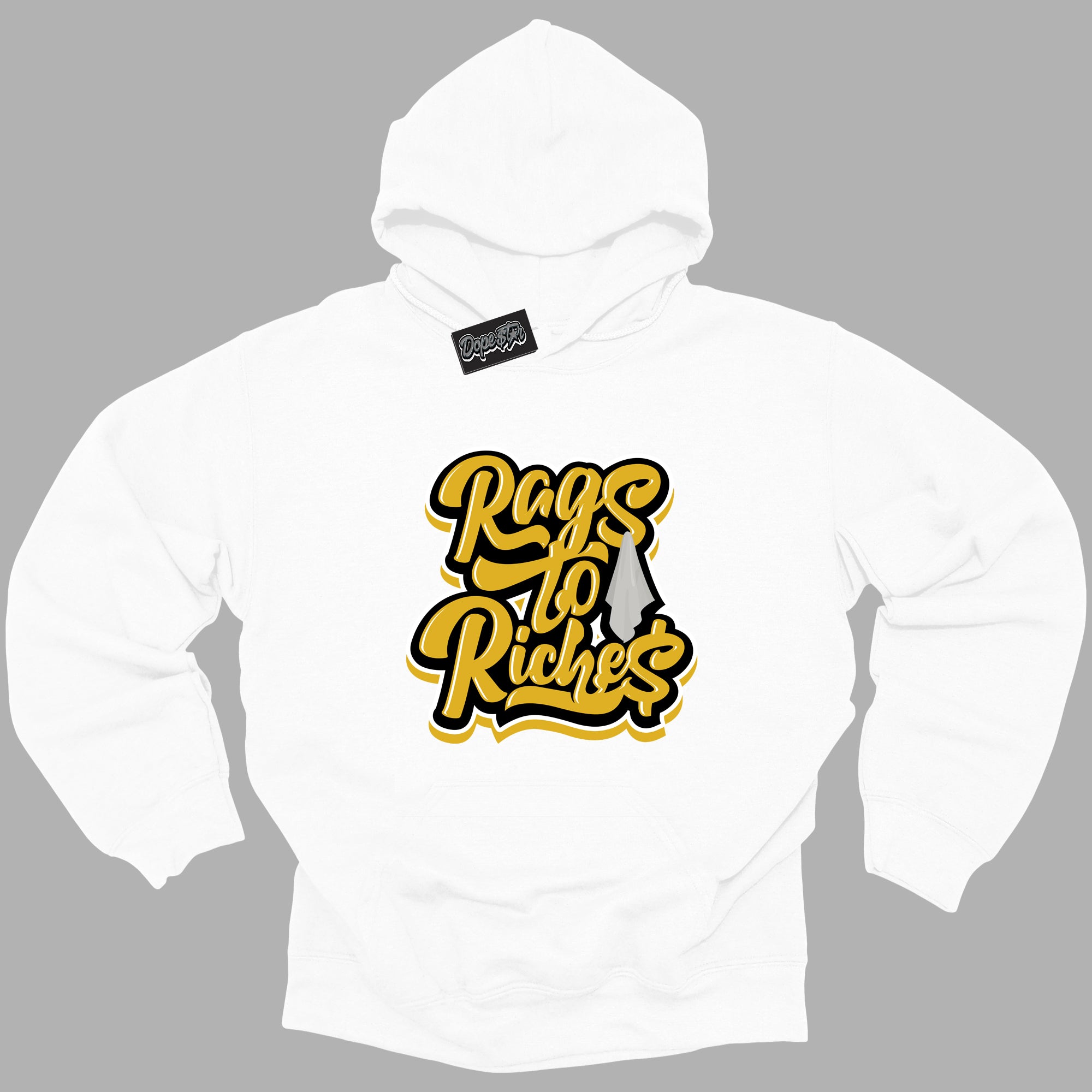 Cool White Hoodie with “ Rags To Riches ”  design that Perfectly Matches Yellow Ochre 6s Sneakers.