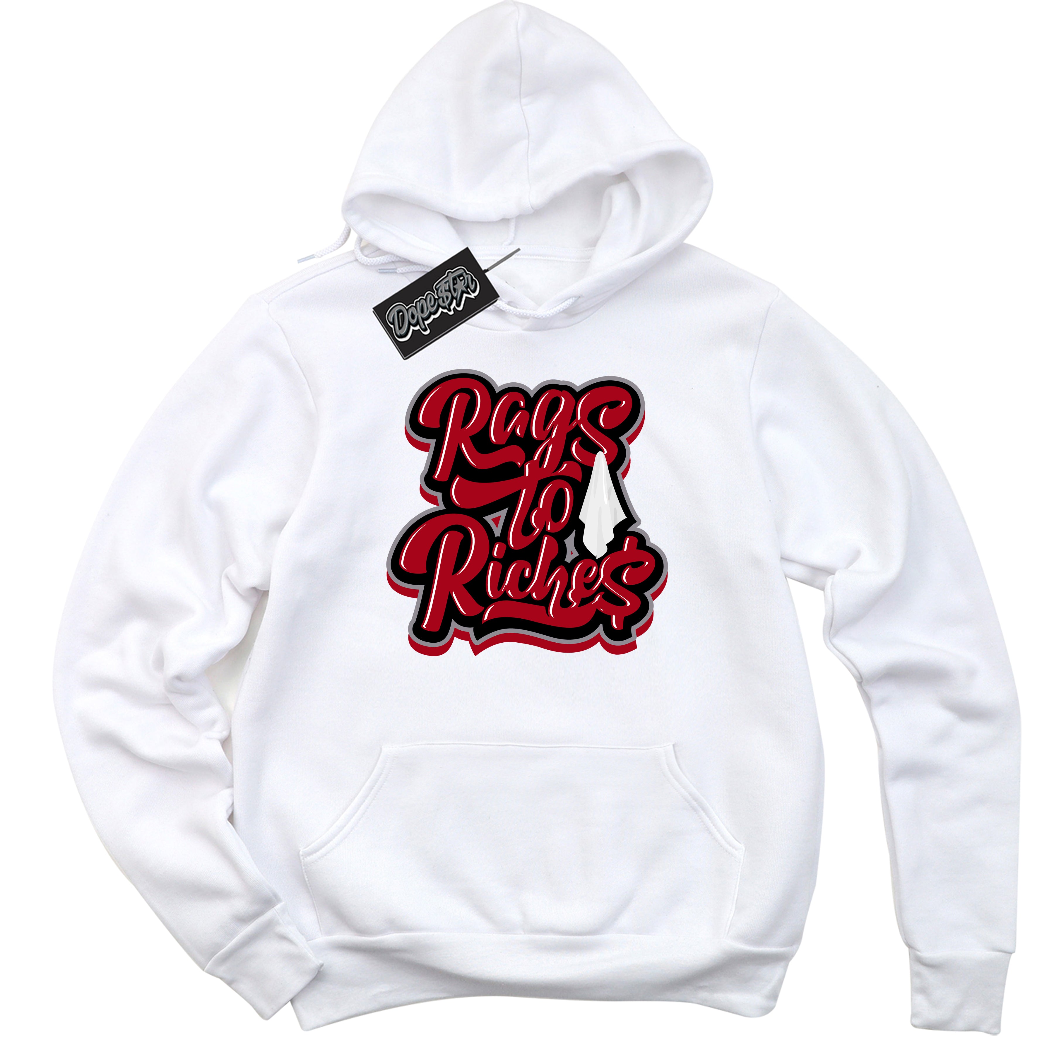 Cool White Hoodie with “ Rags To Riches ”  design that Perfectly Matches Bred Reimagined 4s Jordans.