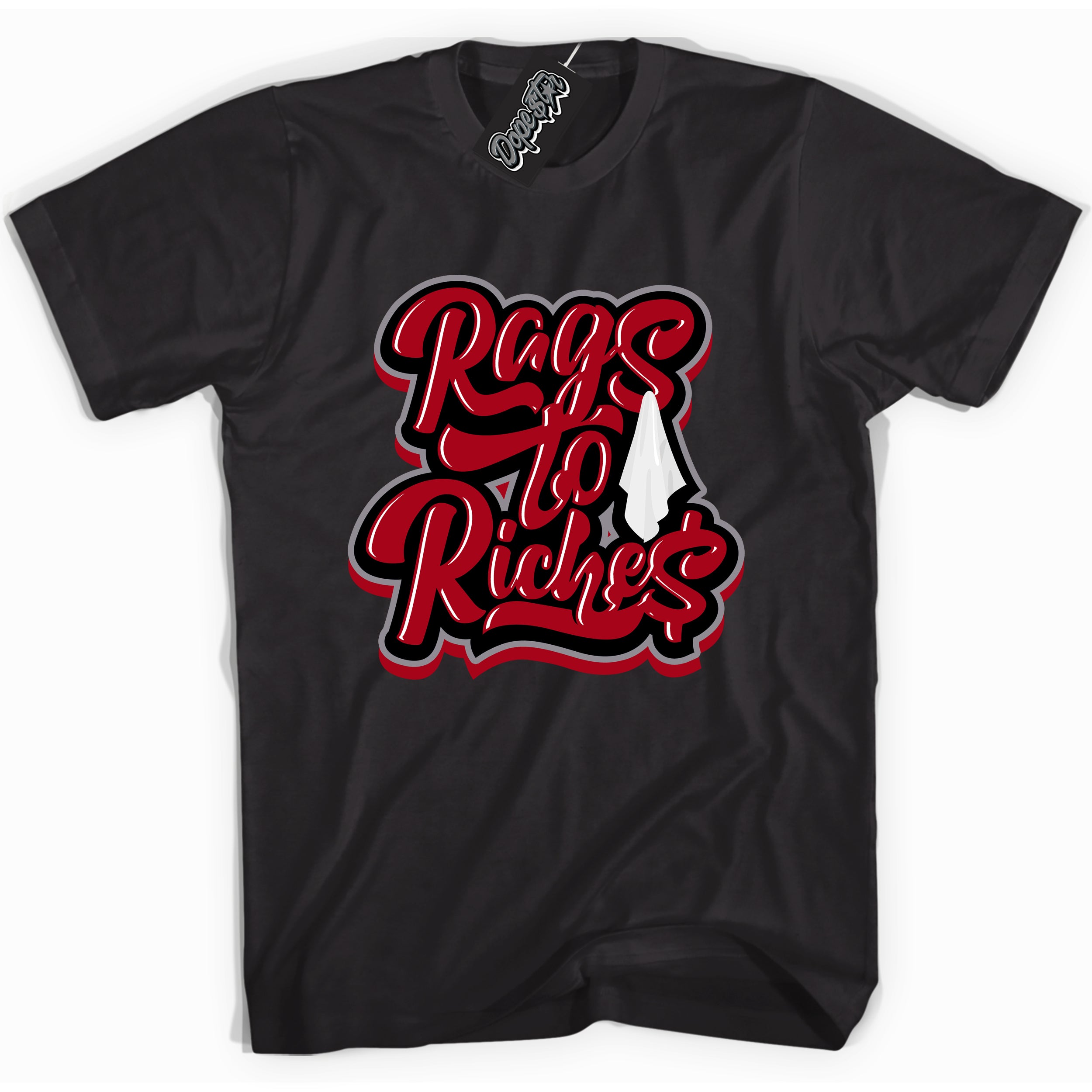 Cool Black Shirt with “ Rags To Riches” design that perfectly matches Bred Reimagined 4s Jordans.