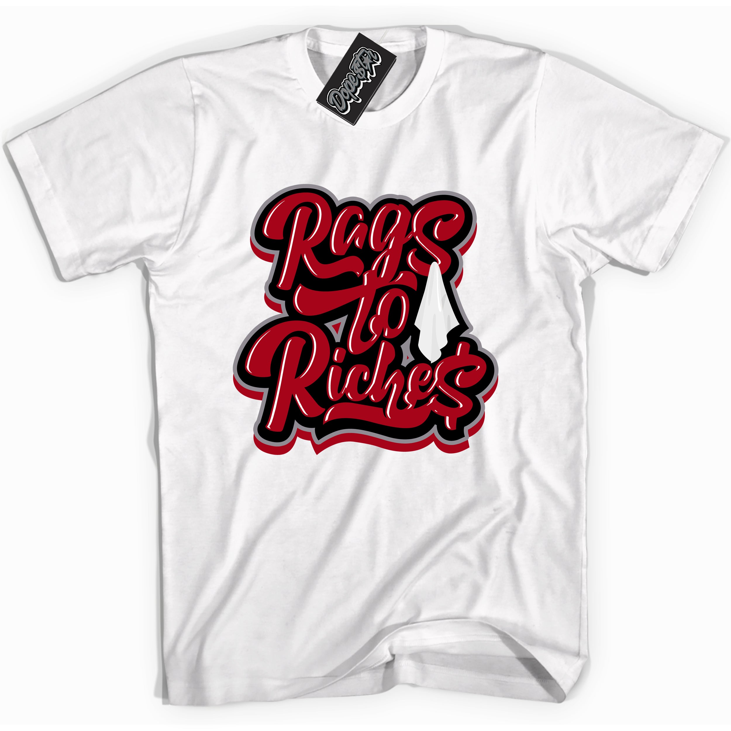 Cool White Shirt with “ Rags To Riches” design that perfectly matches Bred Reimagined 4s Jordans.