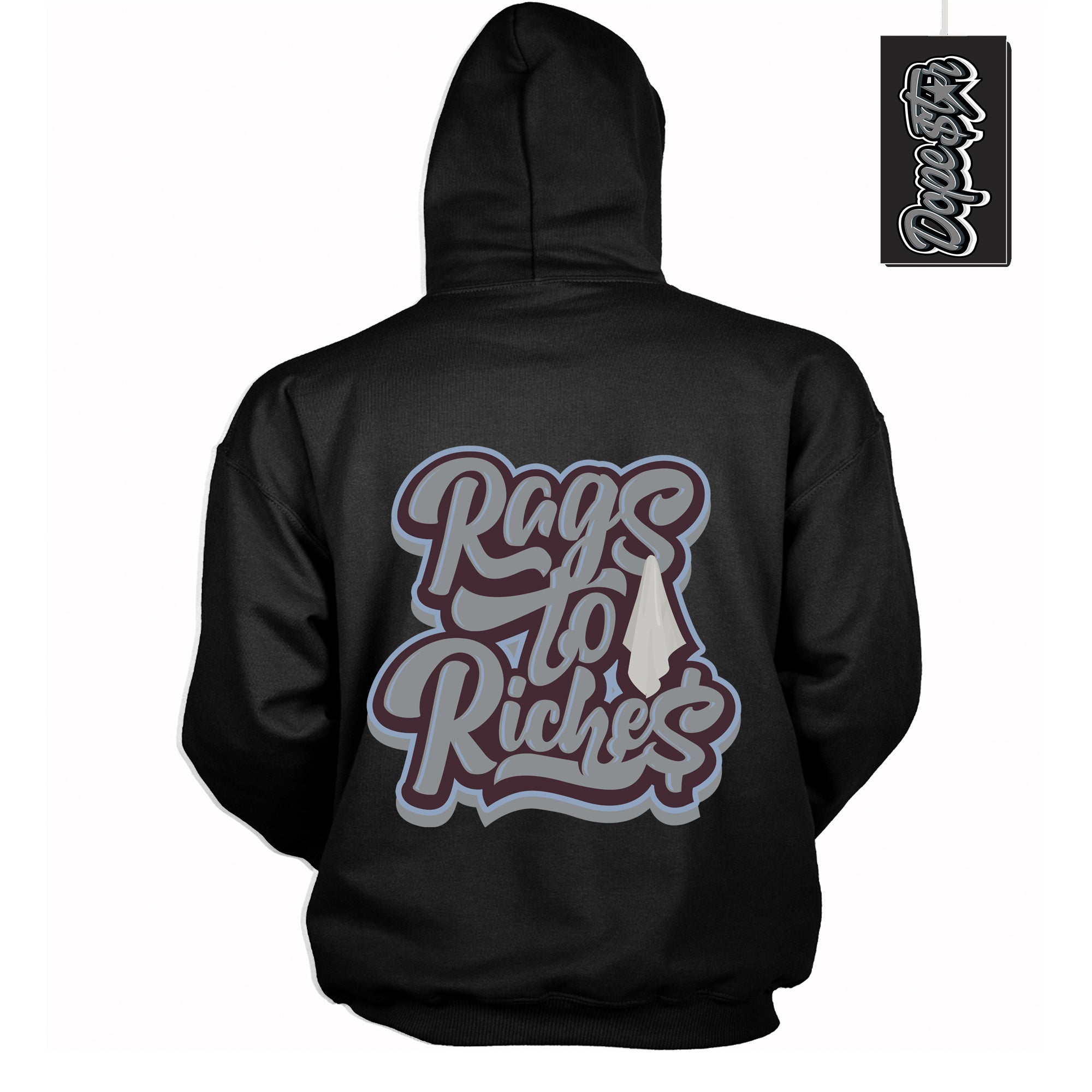 Cool Black Hoodie with “ Rags To Riches ”  design that Perfectly Matches Burgundy 5s Sneakers.