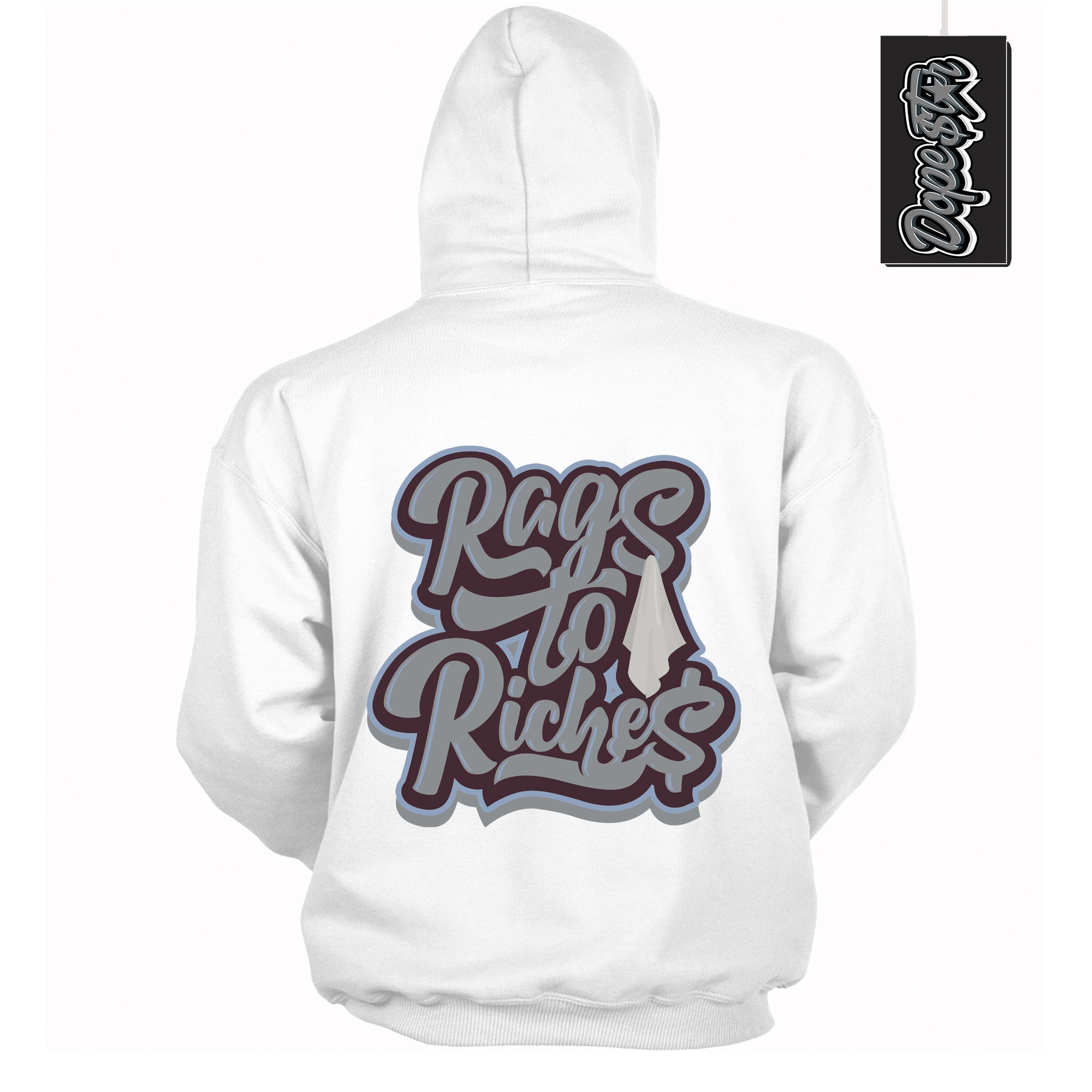 Cool White Hoodie with “ Rags To Riches ”  design that Perfectly Matches Burgundy 5s Sneakers.