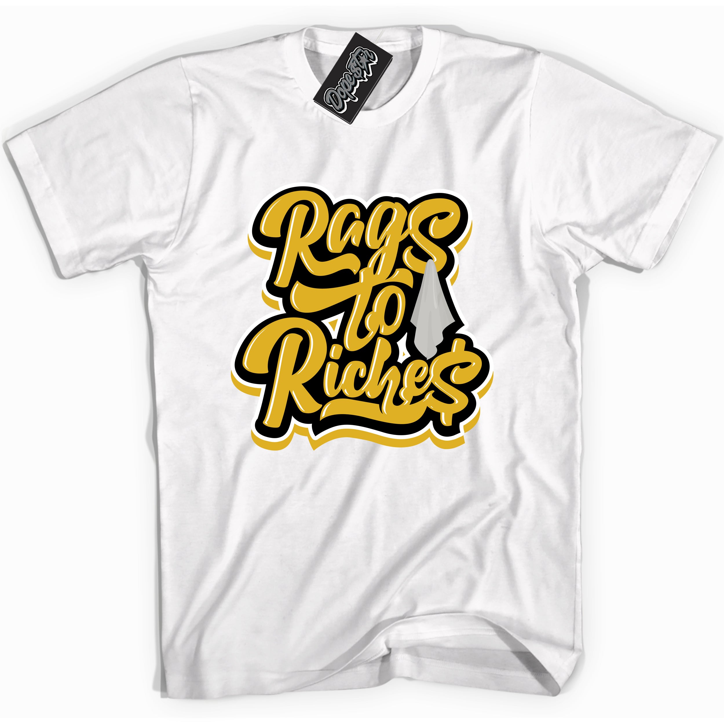 Cool White Shirt with “ Rags To Riches” design that perfectly matches Yellow Ochre 6s Sneakers.